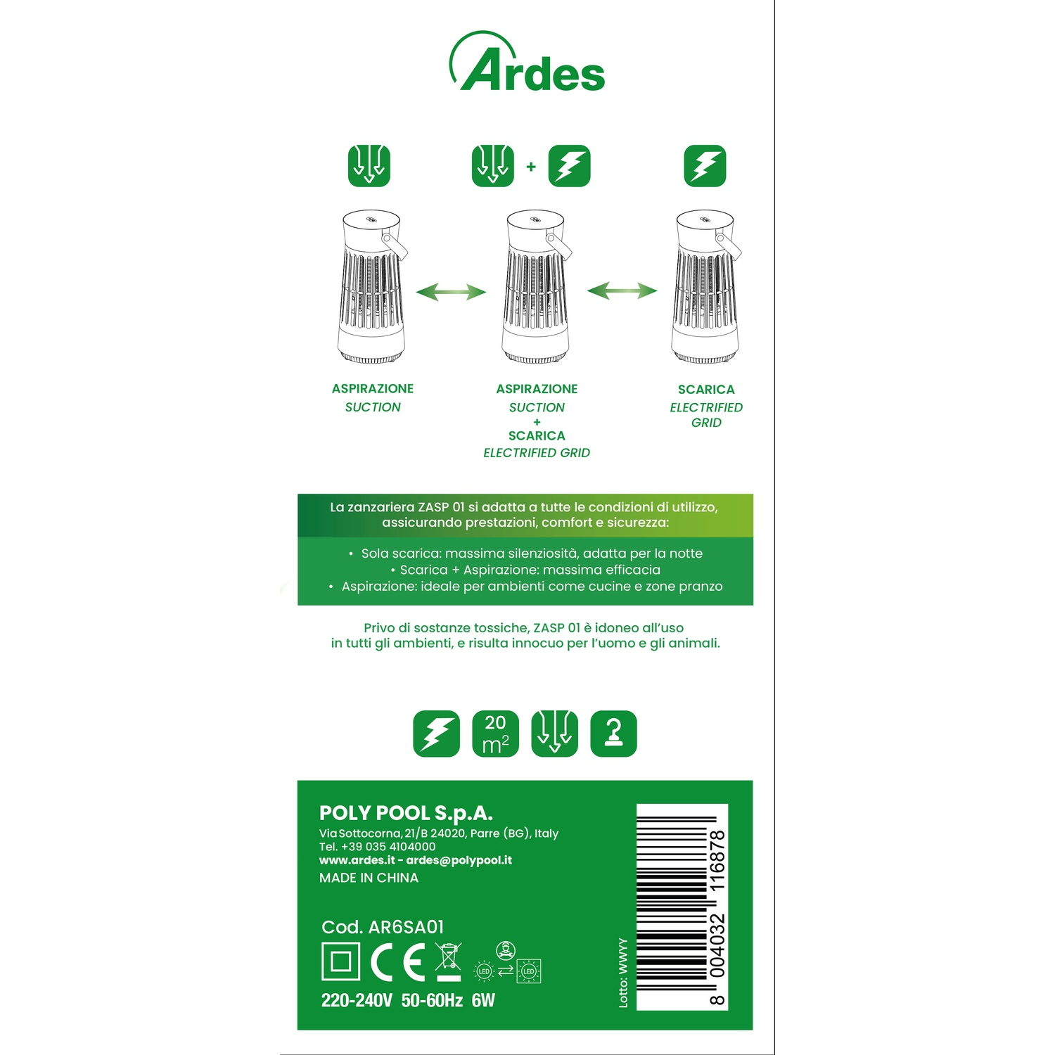 Zanzariera elettrica Ardes ZASP 01 con aspirazione e griglia elettrificata 20m².