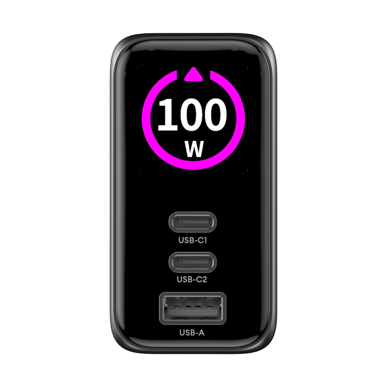 Caricatore nero con schermo che mostra 100W, due porte USB-C, una porta USB-A.