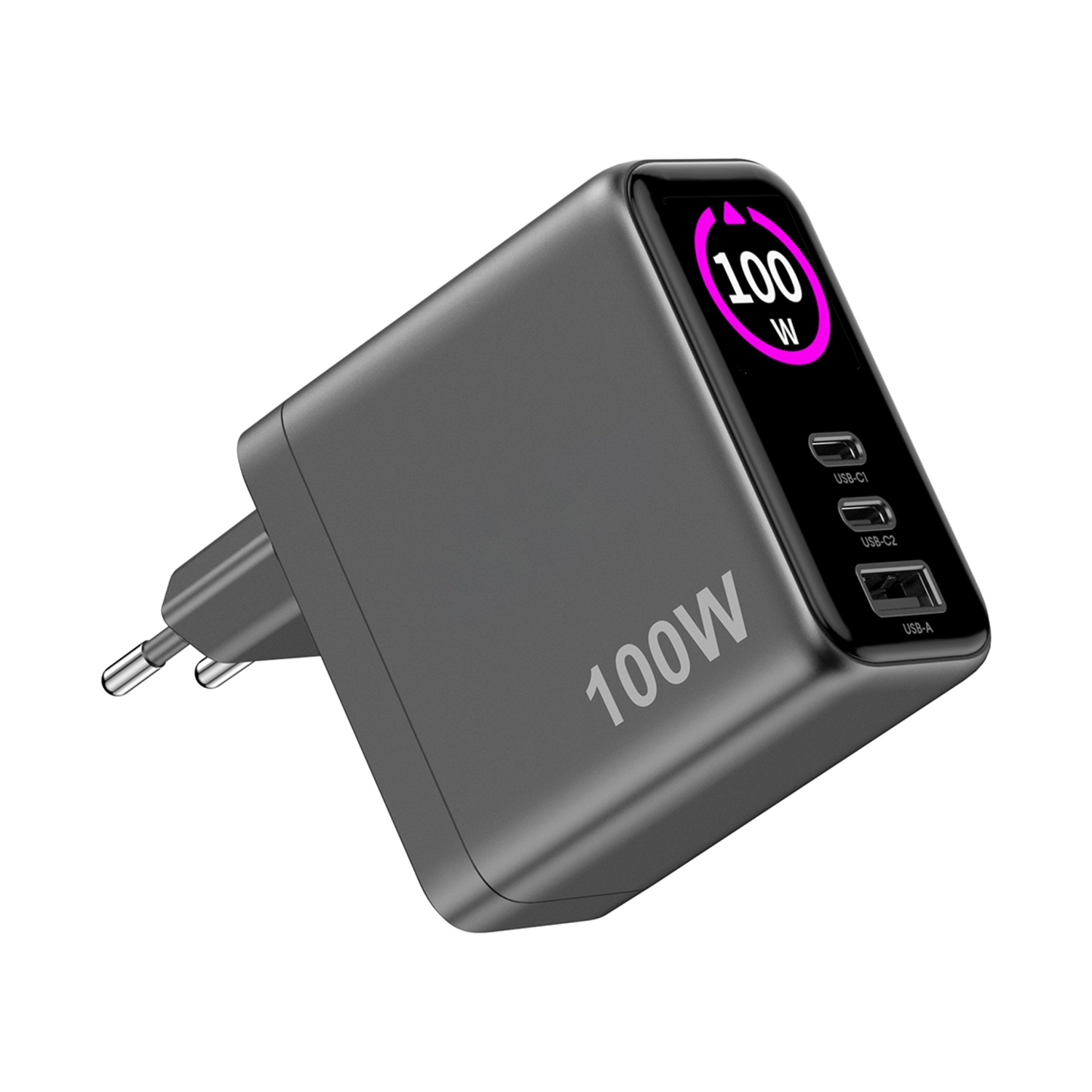 Caricatore grigio da 100W con 2 porte USB-C e 1 porta USB-A. Display digitale mostra 100W.