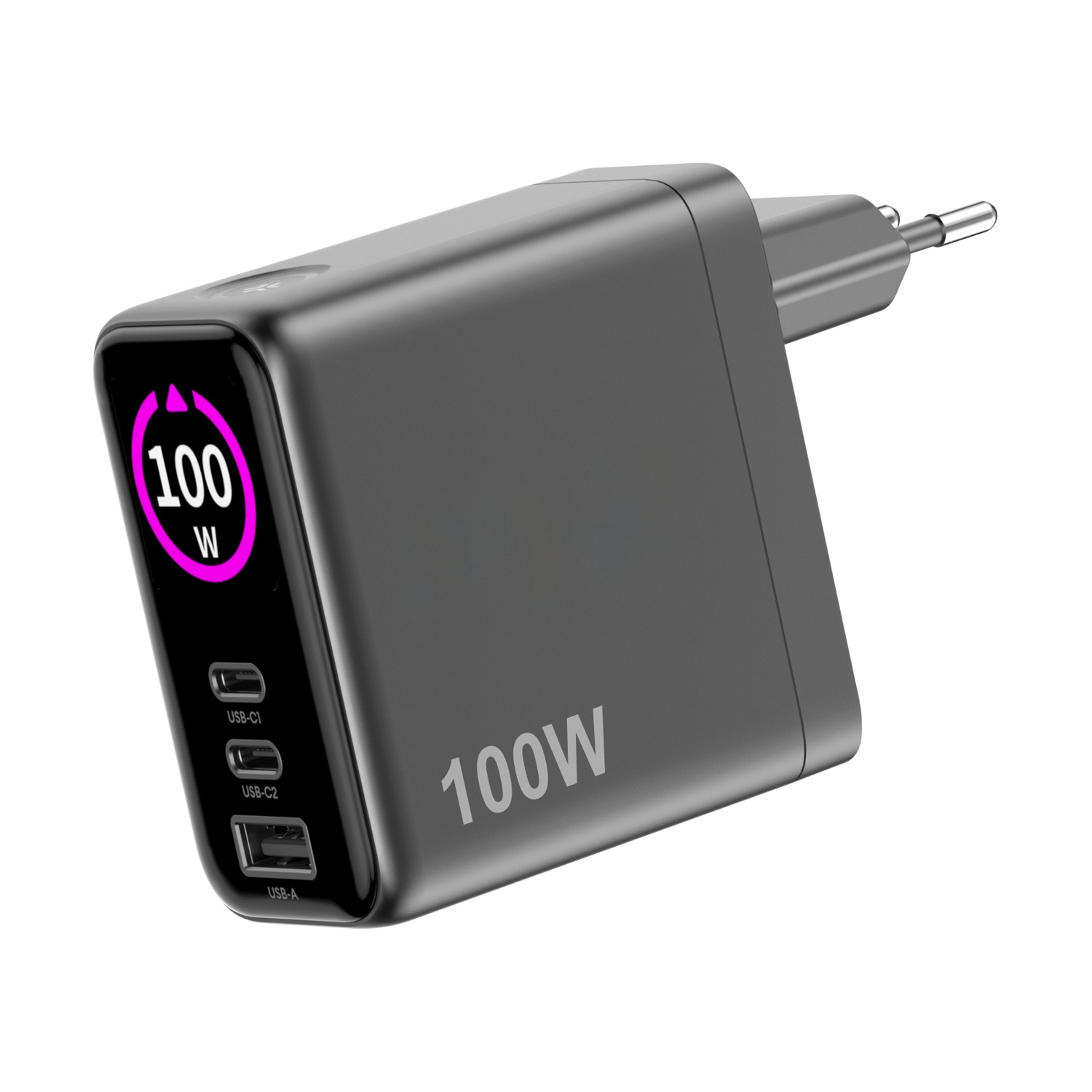 Caricatore nero con due porte USB-C e una porta USB-A. Visualizza 100W.