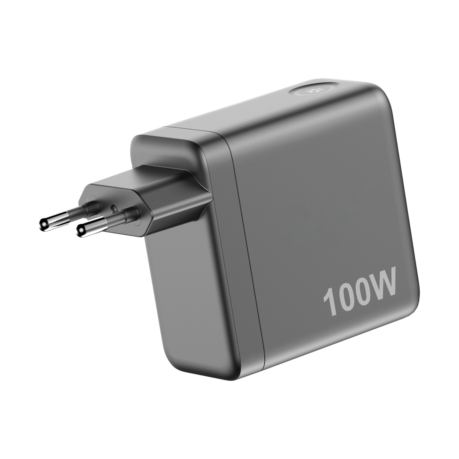 Adattatore di alimentazione grigio da 100W con due pin metallici, sfondo bianco.