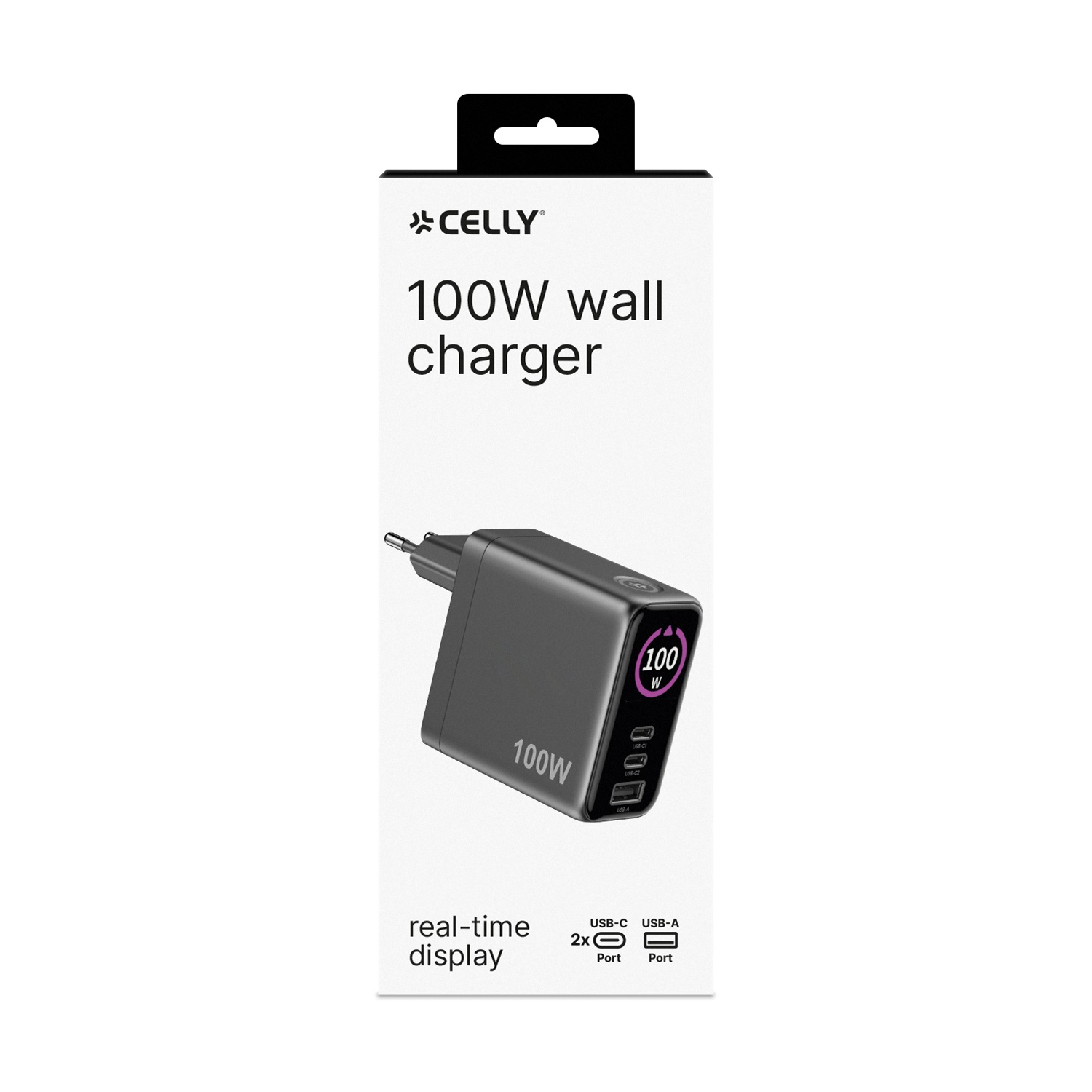 Caricatore CELLY nero da 100W con display e porte USB-C/USB-A.