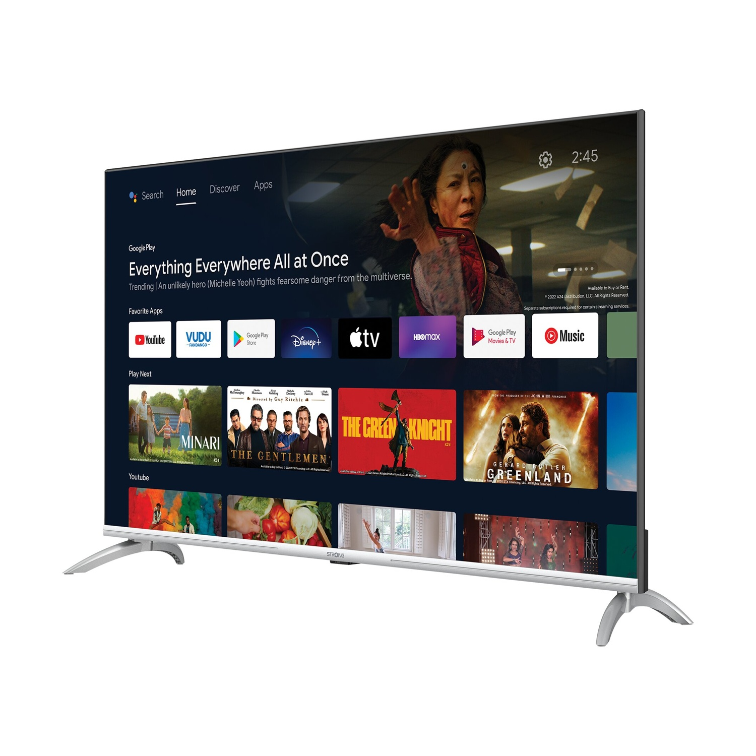 Una TV moderna che mostra un'interfaccia utente con film e app.