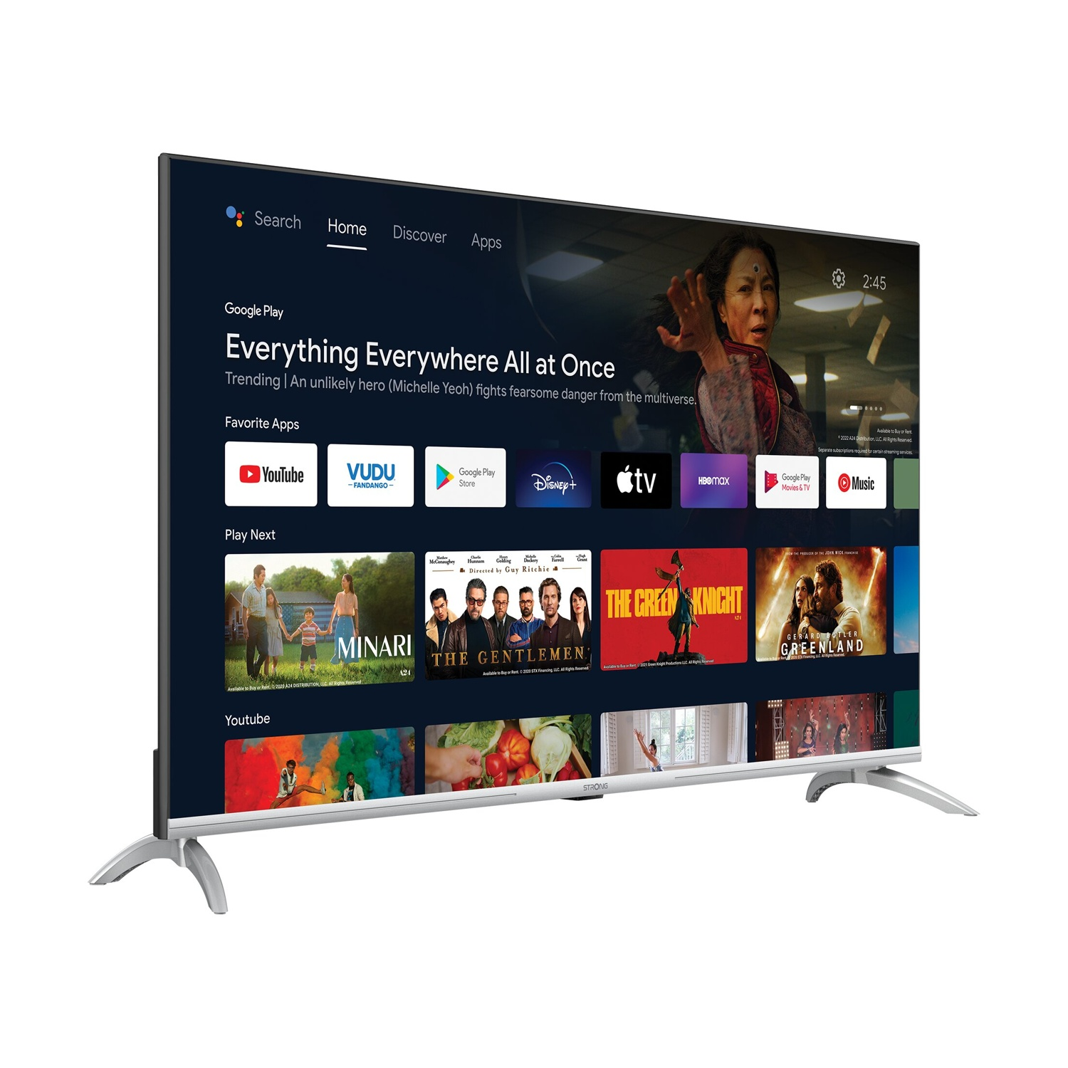 Una TV moderna visualizza un'interfaccia utente con icone di film e app.