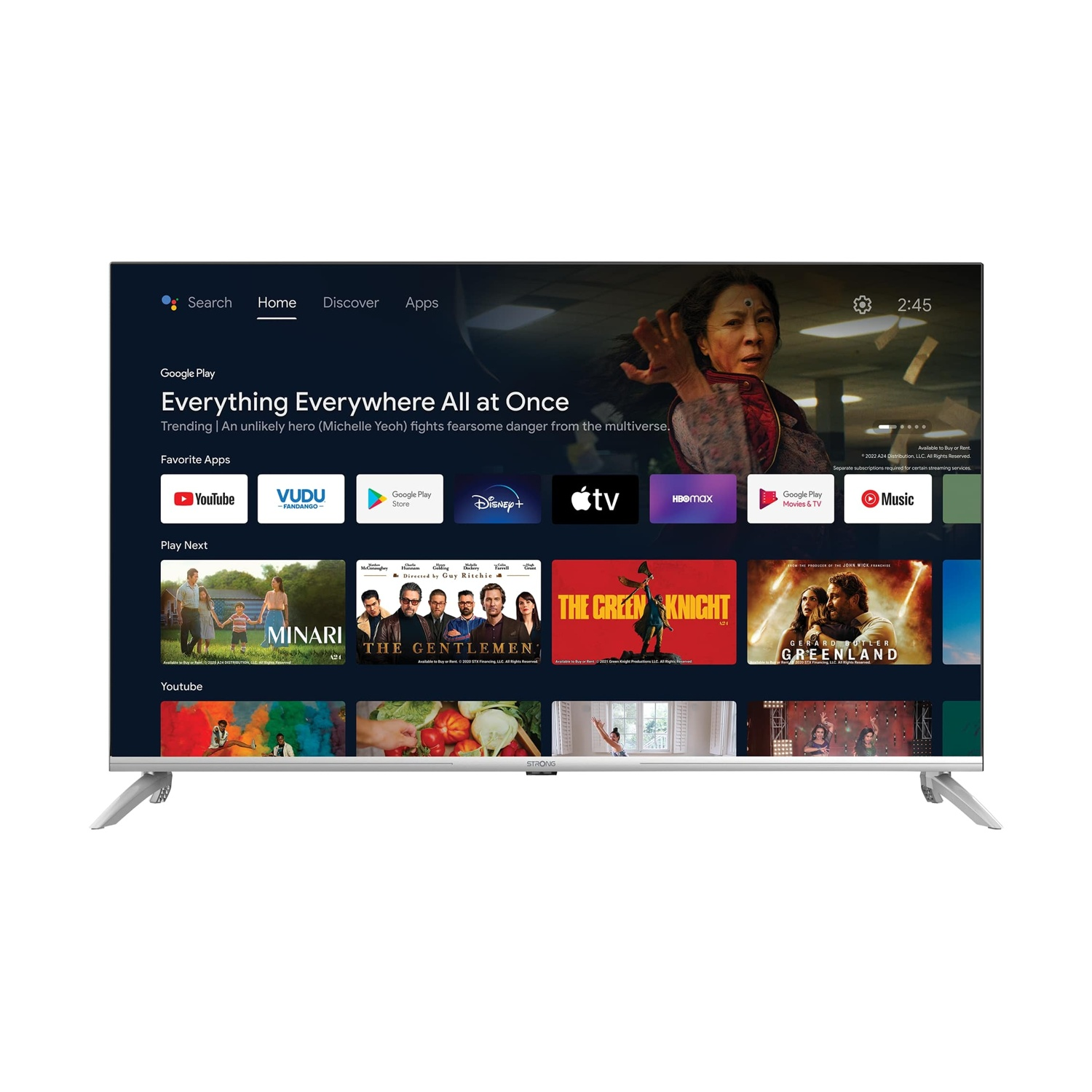 Uno schermo TV mostra un'interfaccia di servizio di streaming con poster di film e icone di app.