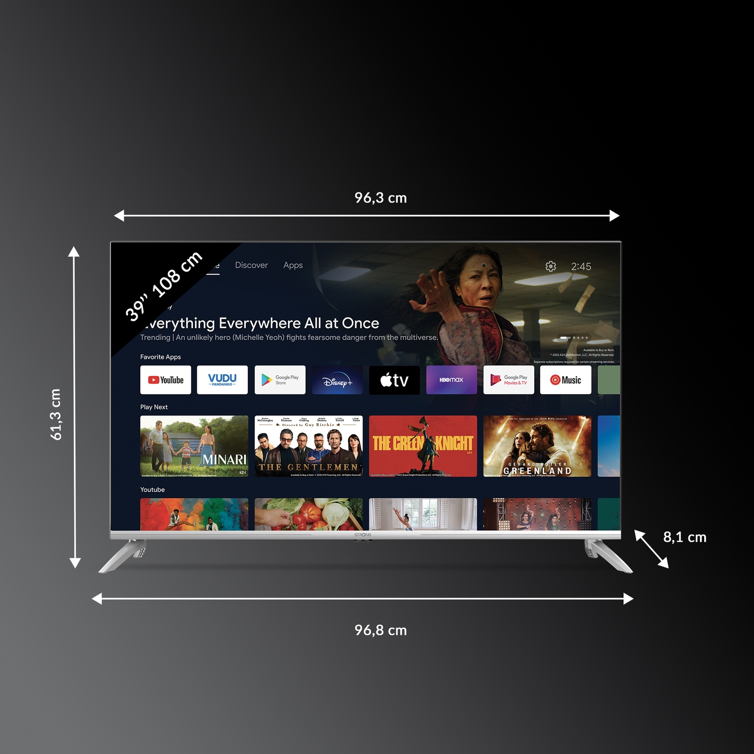 TV da 39 pollici con app come YouTube, Vudu e Disney+. Dimensioni: 96,3 x 61,3 cm.