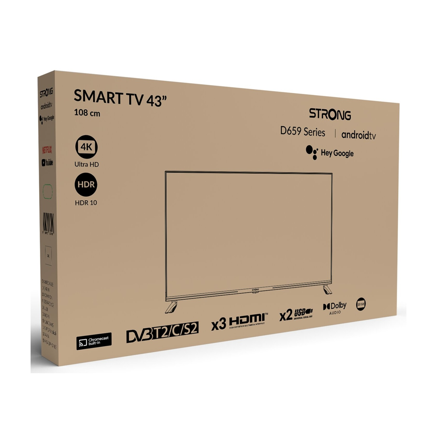 Scatola di Smart TV STRONG da 43" con Android TV, 4K, HDR, HDMI e Dolby Audio.