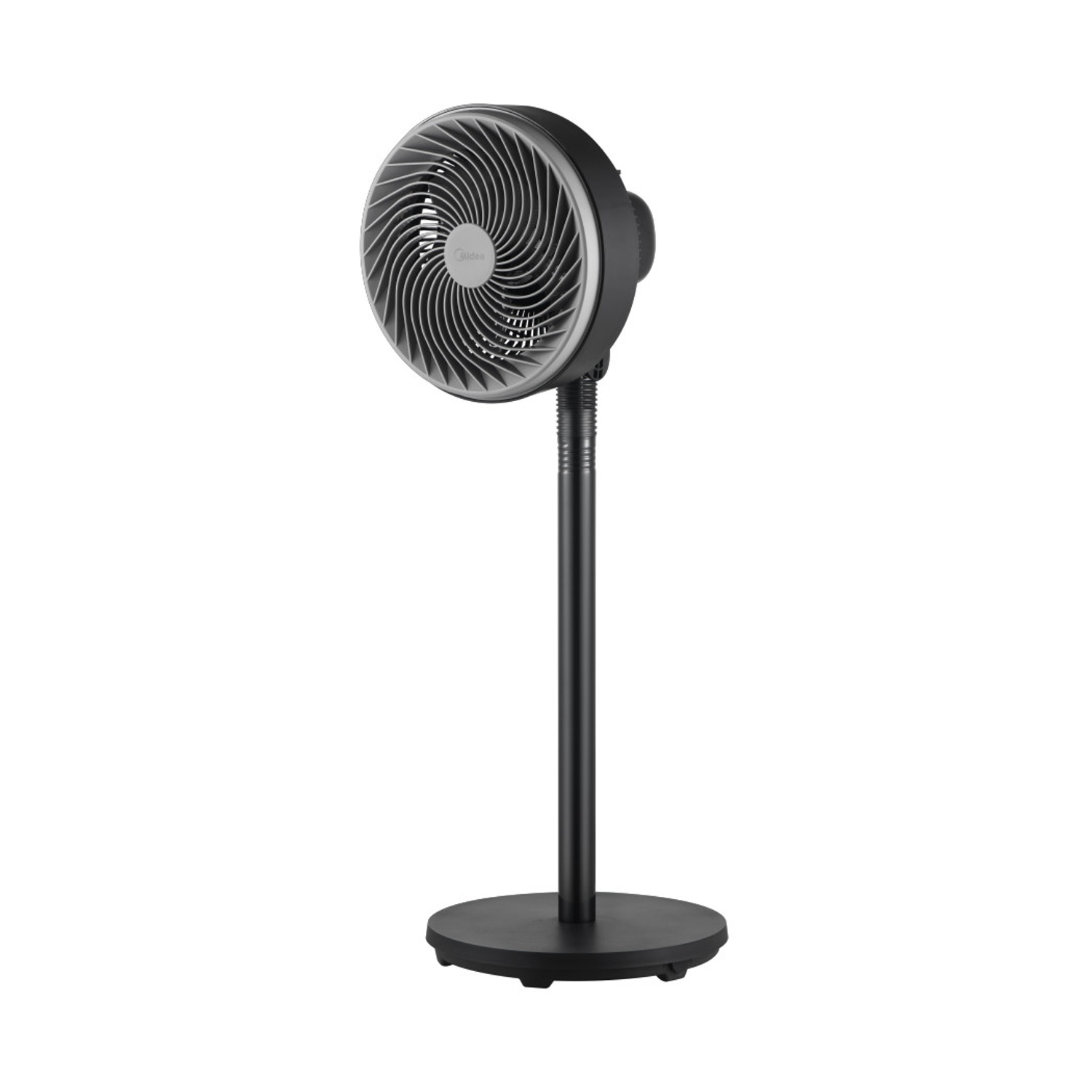 Un ventilatore da terra nero marca Midea con base rotonda e collo regolabile.