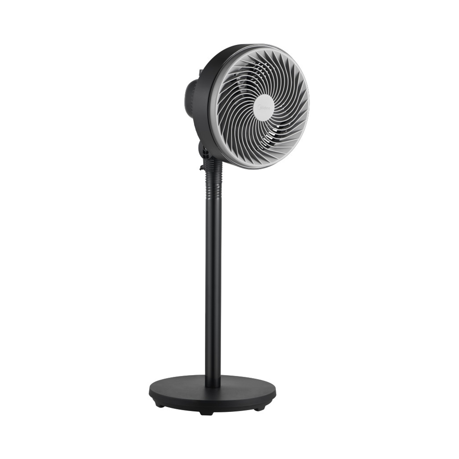 Ventilatore da terra nero con base rotonda e asta regolabile.