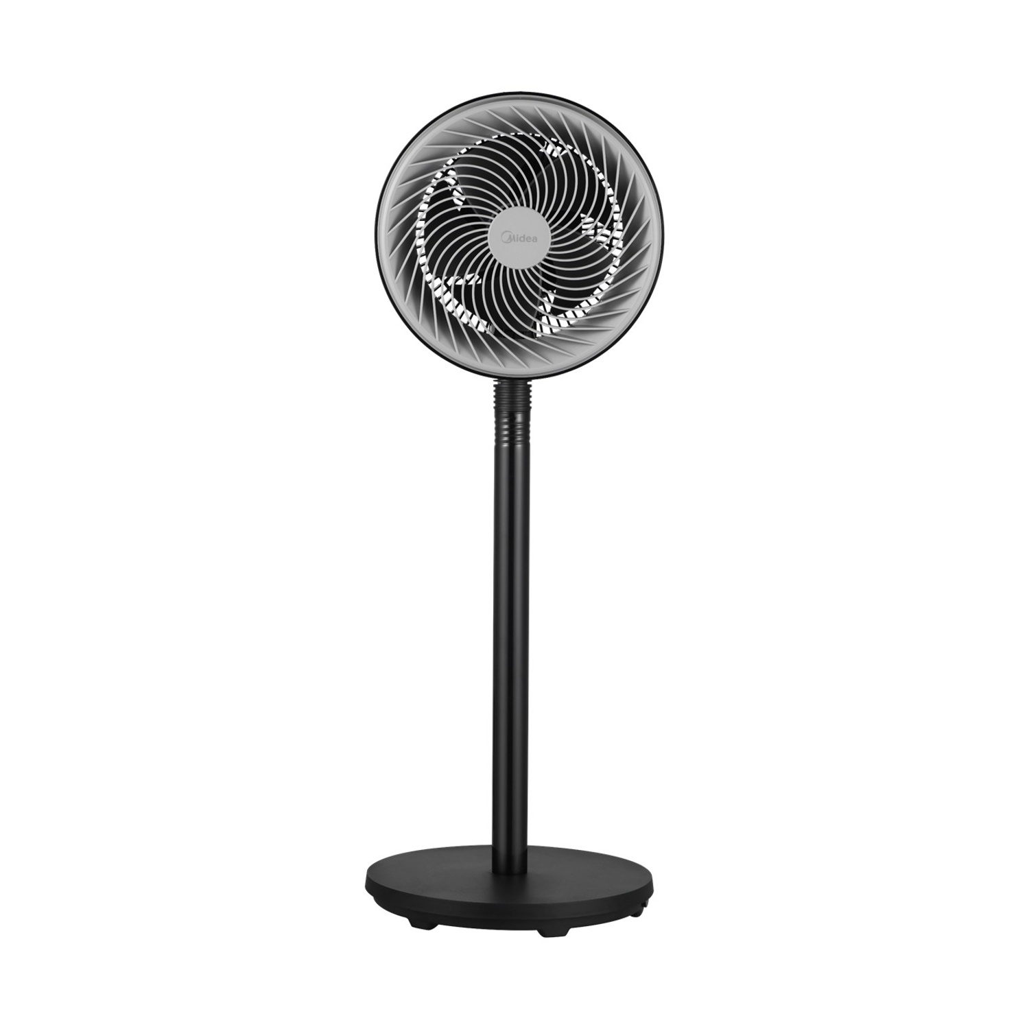 Un ventilatore da terra nero con base rotonda e testa rotonda.