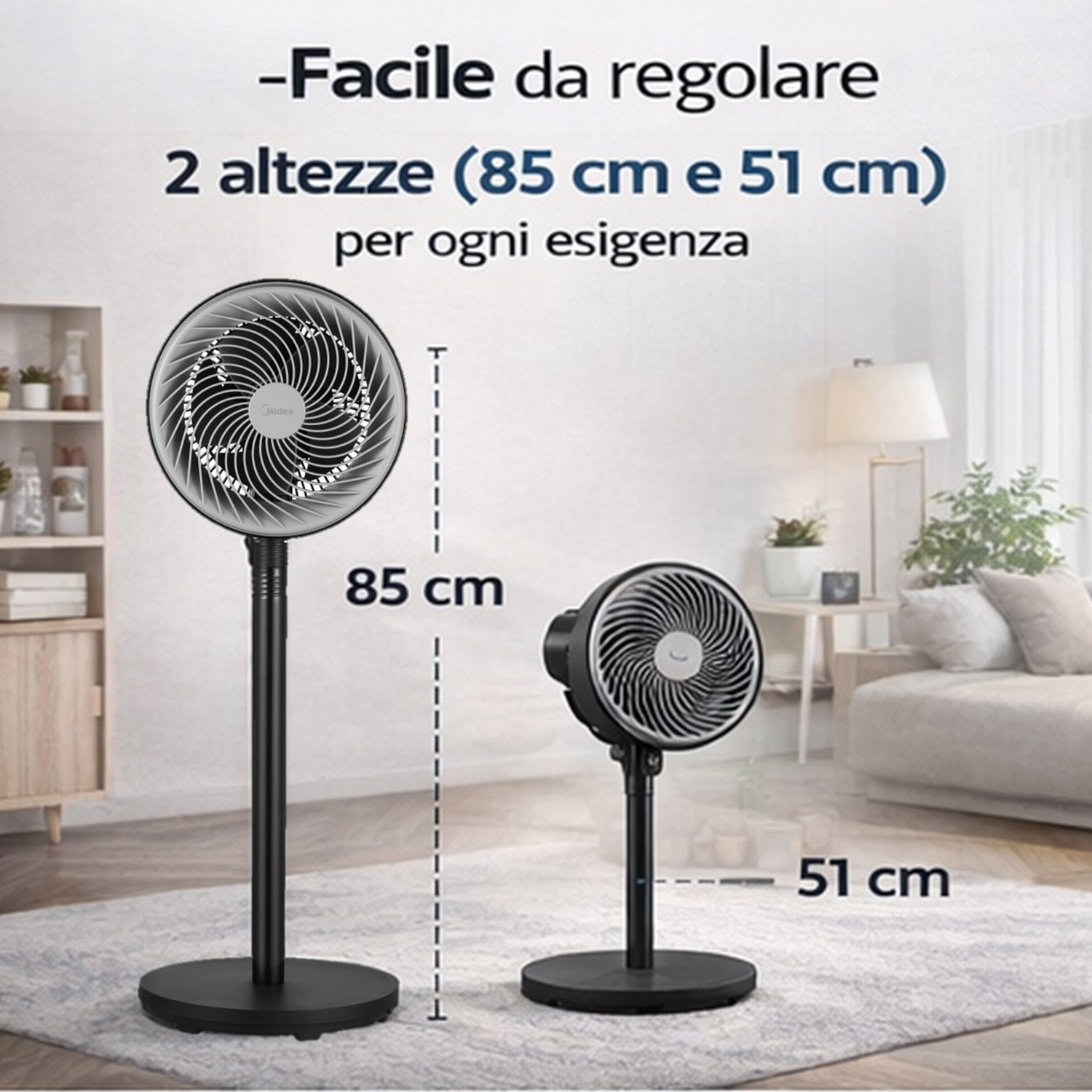 Due ventilatori neri, alti 85 cm e 51 cm, su un tappeto.