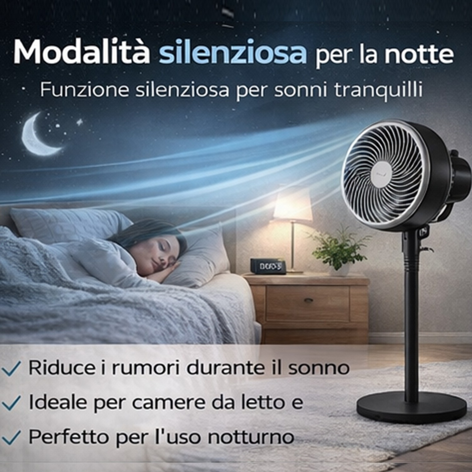 Un ventilatore in camera da letto di notte con una donna che dorme. Funzione silenziosa.