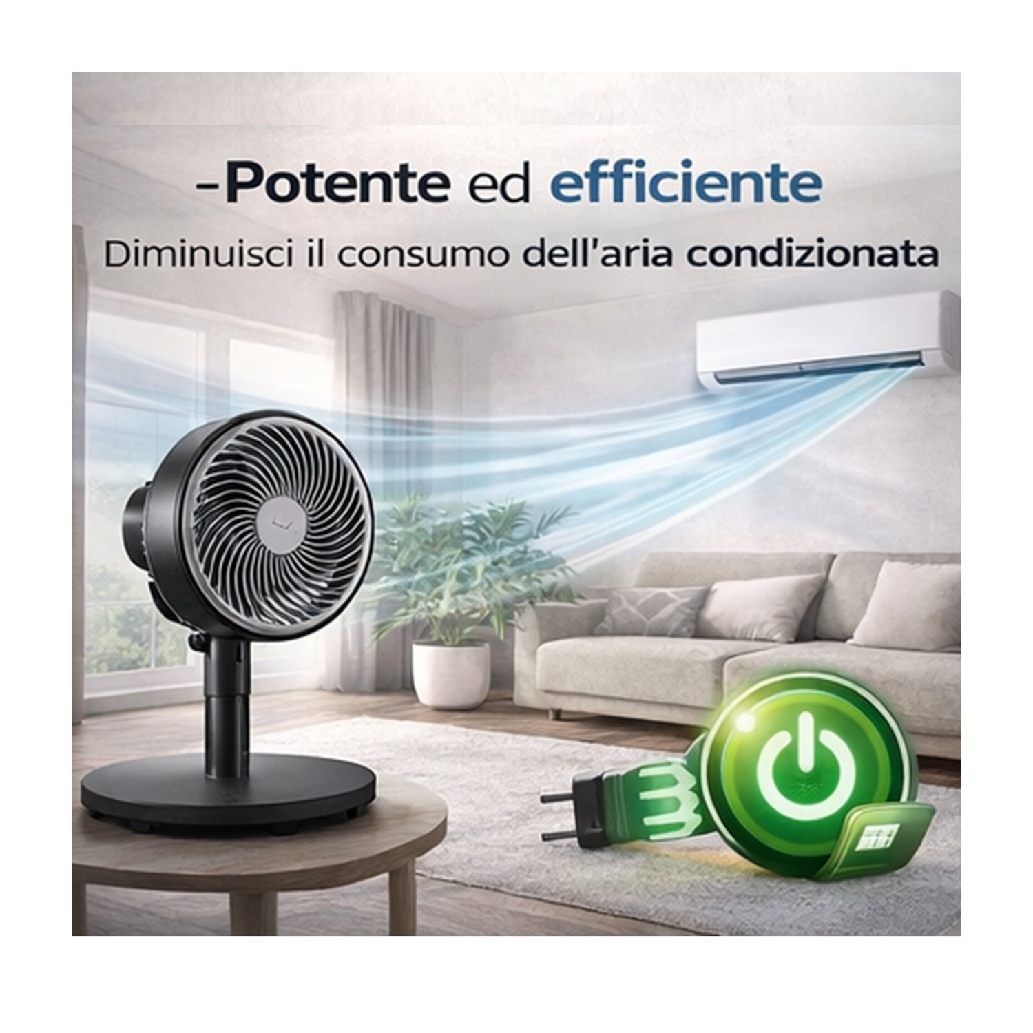 Un ventilatore e un condizionatore in un soggiorno, con icona verde di accensione.