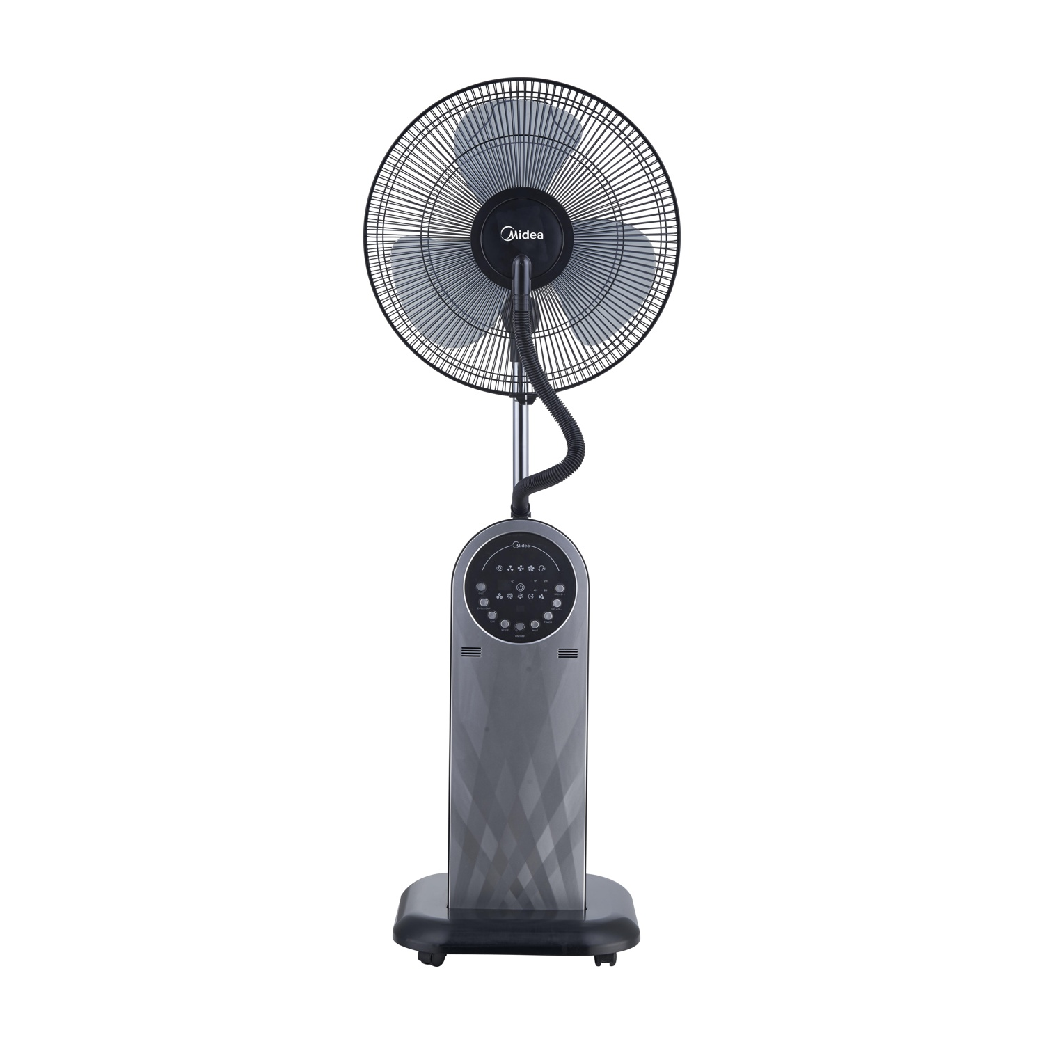 Un ventilatore da terra con griglia nera e corpo argentato.