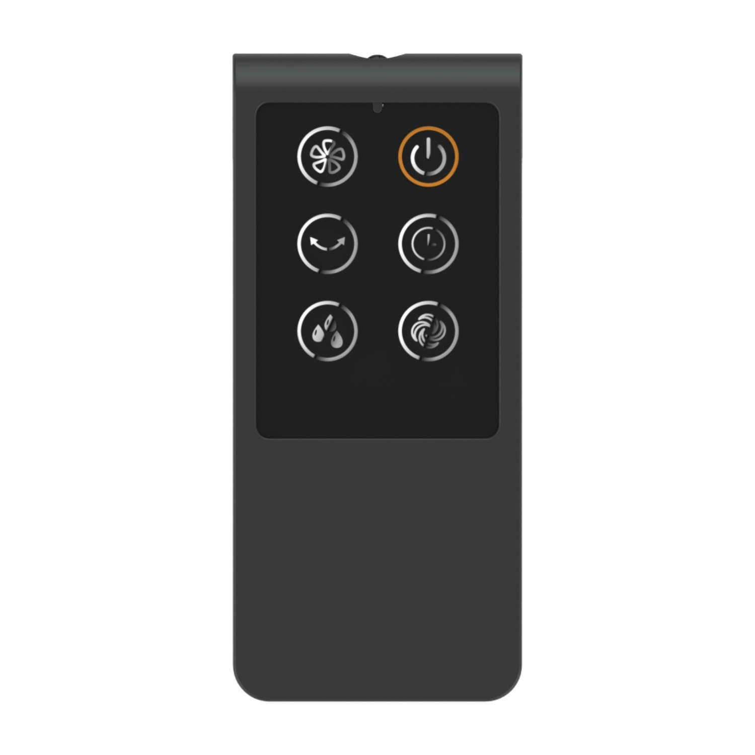 Telecomando nero con sei icone: ventola, timer, gocce d'acqua, accensione/spegnimento, timer, ventola.