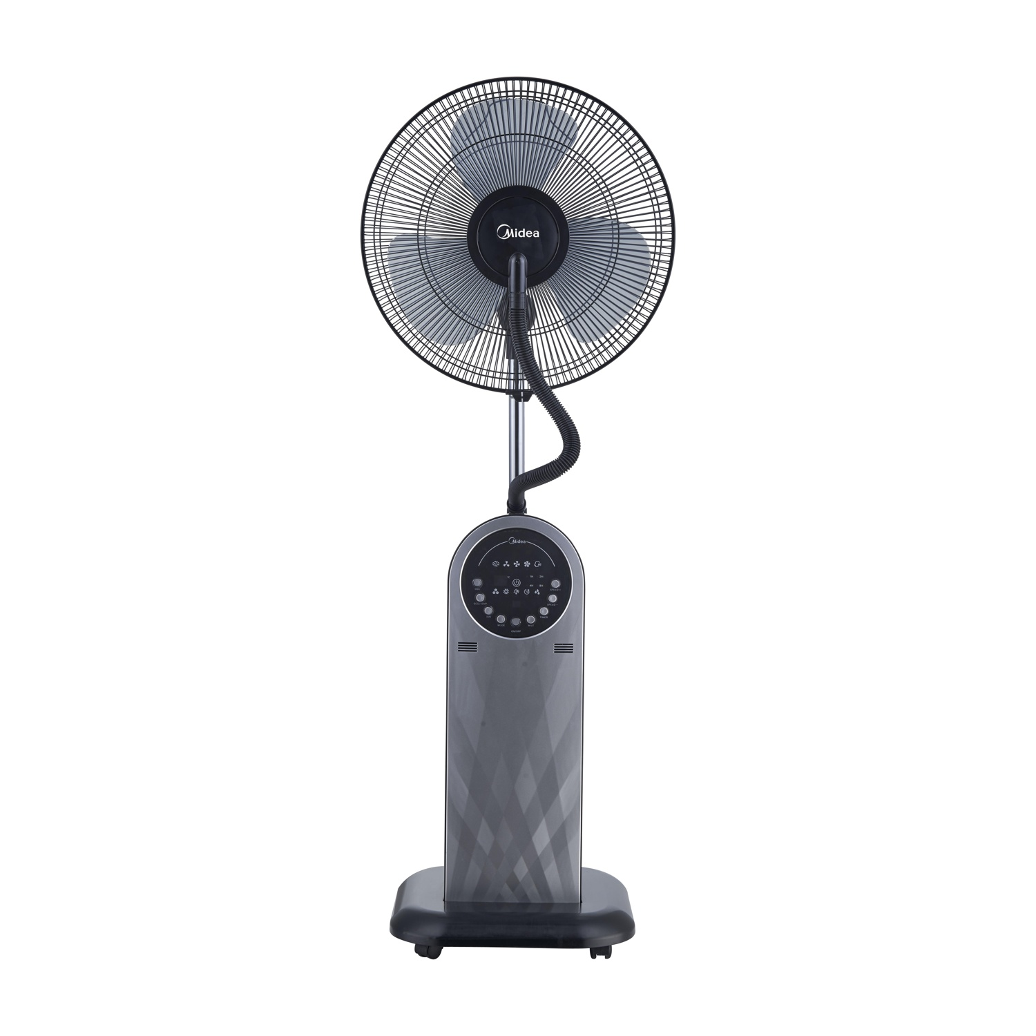 Un ventilatore da terra con logo Midea, griglia nera e pannello di controllo grigio.