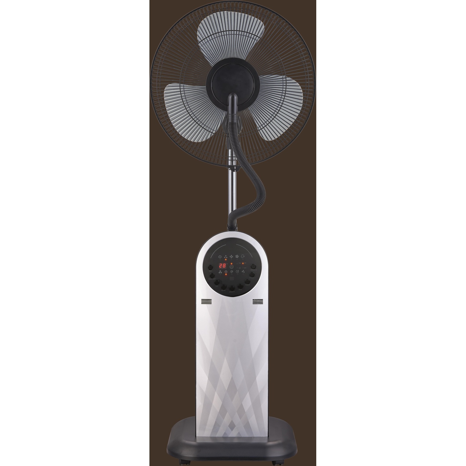 Un ventilatore da terra con funzione nebulizzante e controlli digitali.