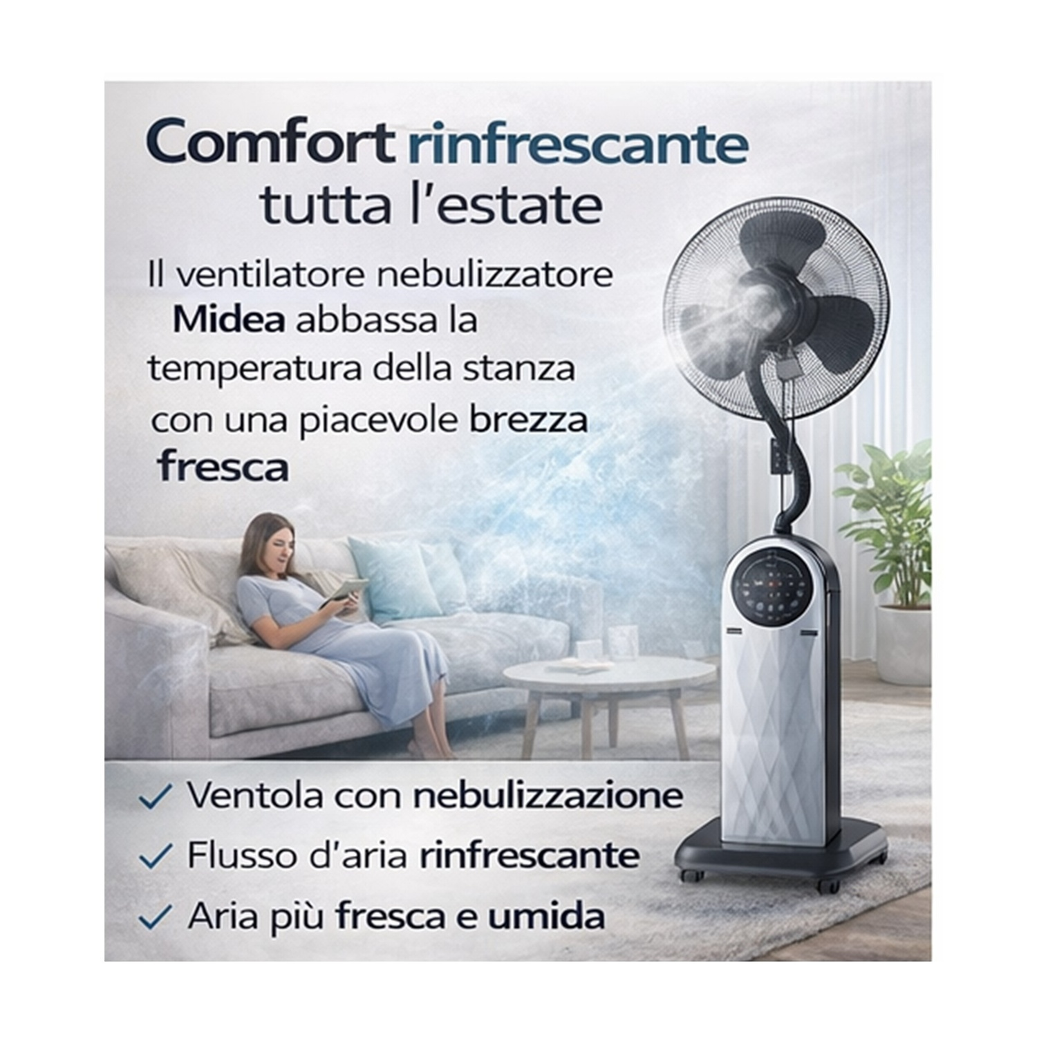 Un ventilatore nebulizzatore rinfresca una stanza, una donna seduta su un divano.