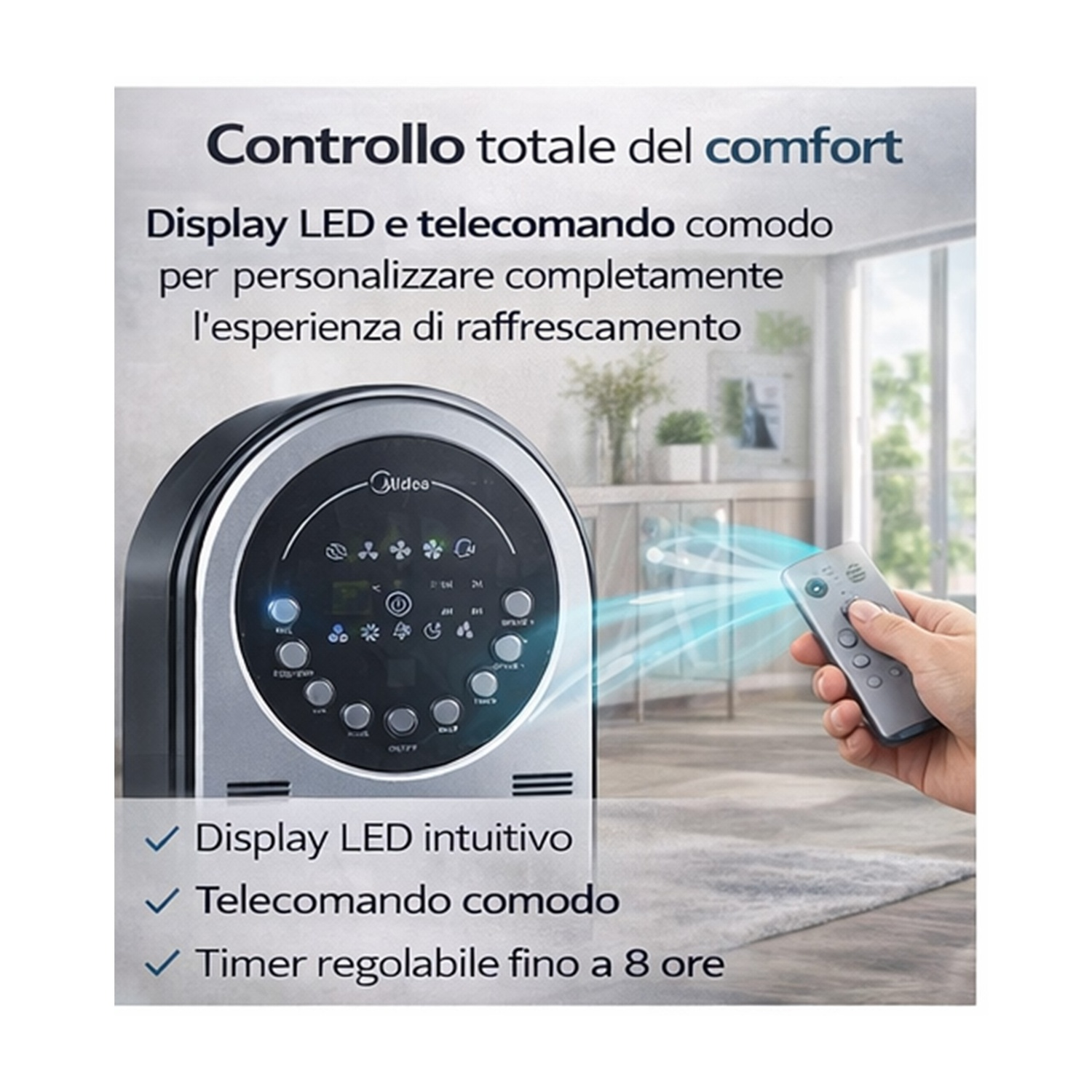 Ventilatore a torre argento con telecomando e display LED. Flusso d'aria blu.