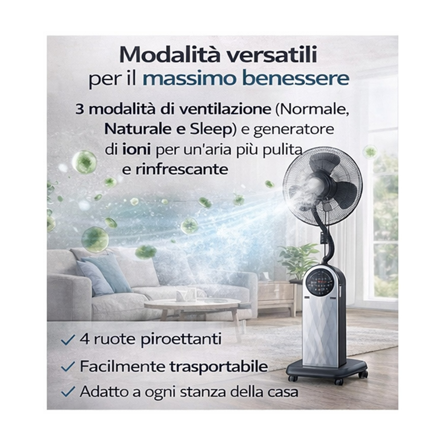 Un ventilatore con funzione nebulizzante in un soggiorno accanto a un divano.