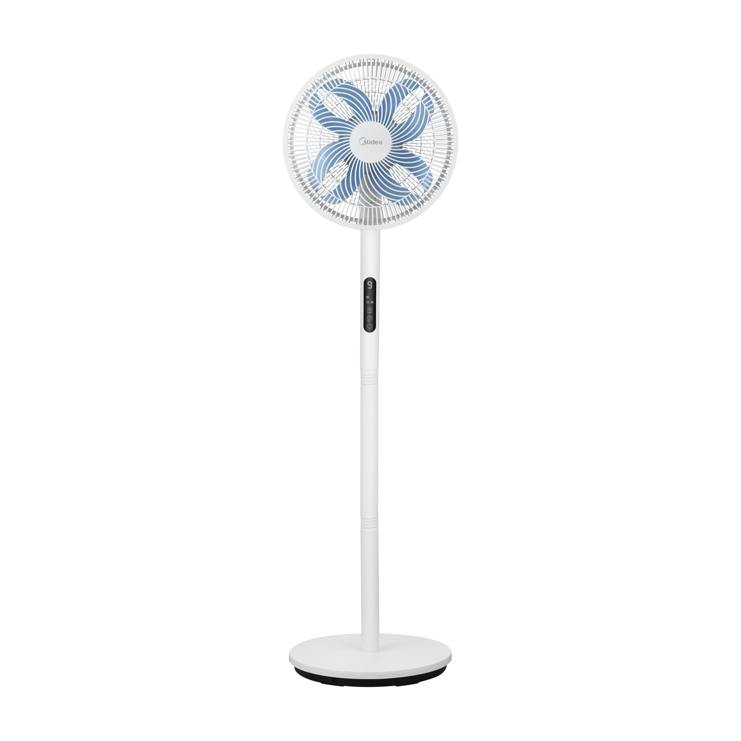 Ventilatore da terra bianco con pale blu e display digitale.