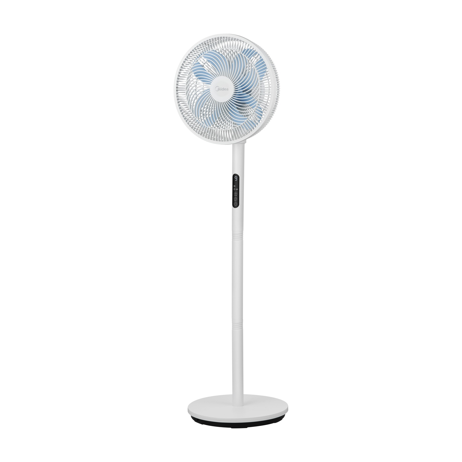 Un ventilatore da terra bianco con pale blu e display digitale.