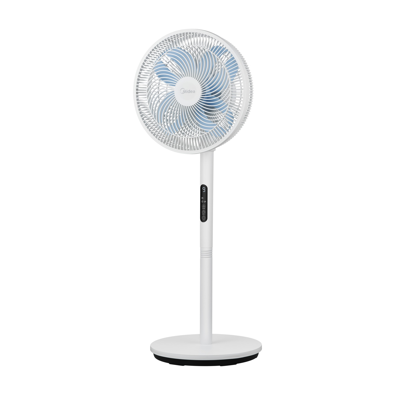 Ventilatore da terra bianco con pale blu e display digitale.