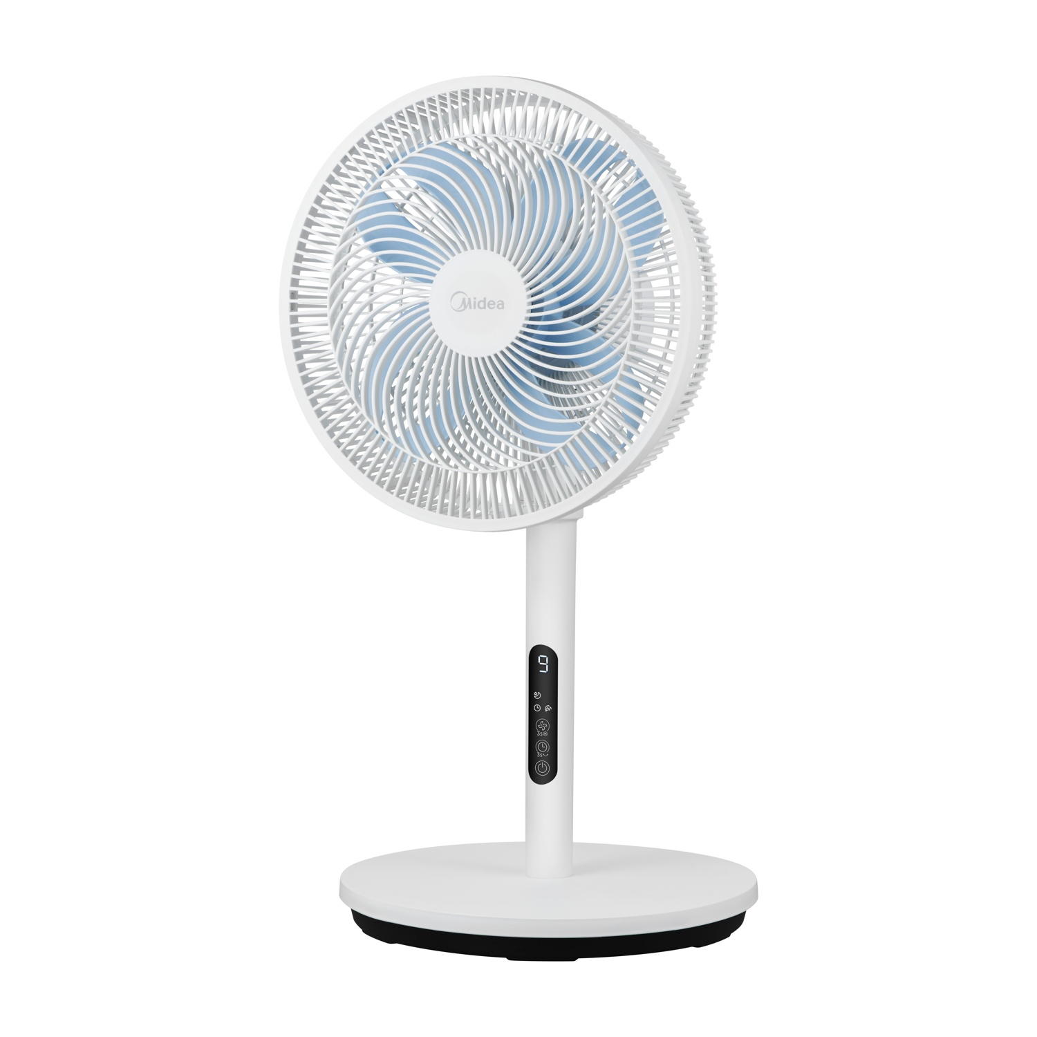 Un ventilatore da terra bianco con pale blu e controlli digitali sul supporto.