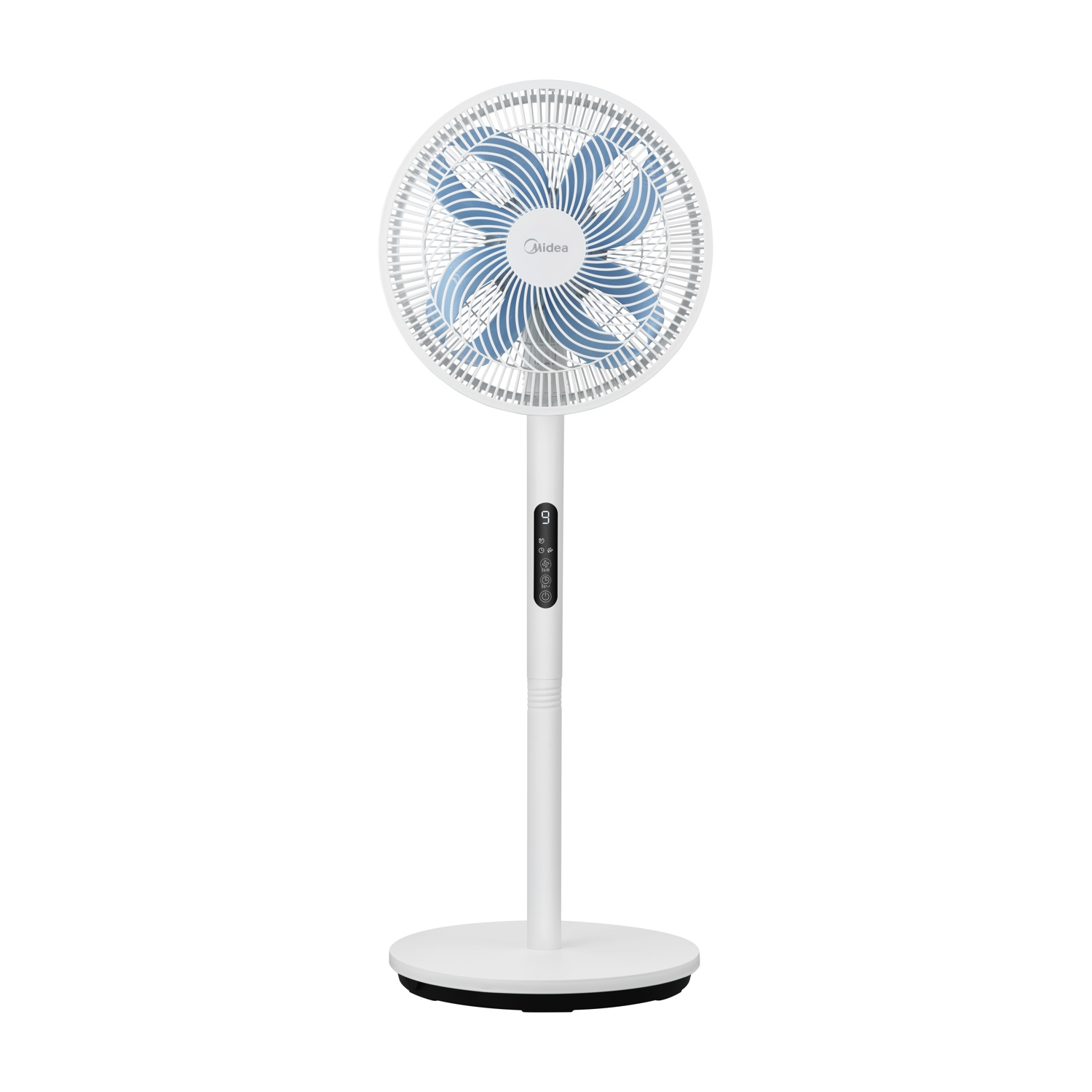 Ventilatore da terra bianco con pale blu e display digitale.