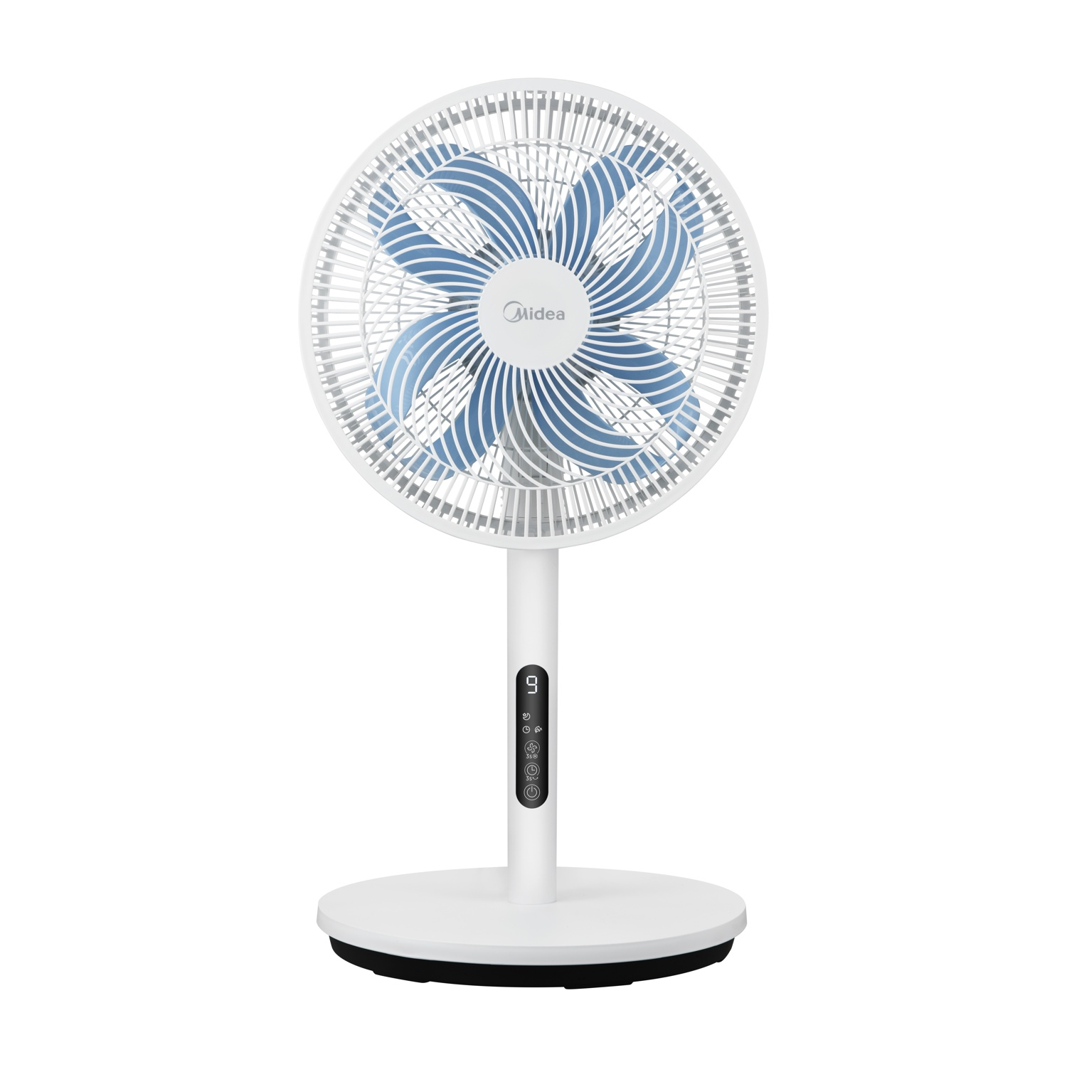 Ventilatore da terra bianco con pale blu e display digitale.