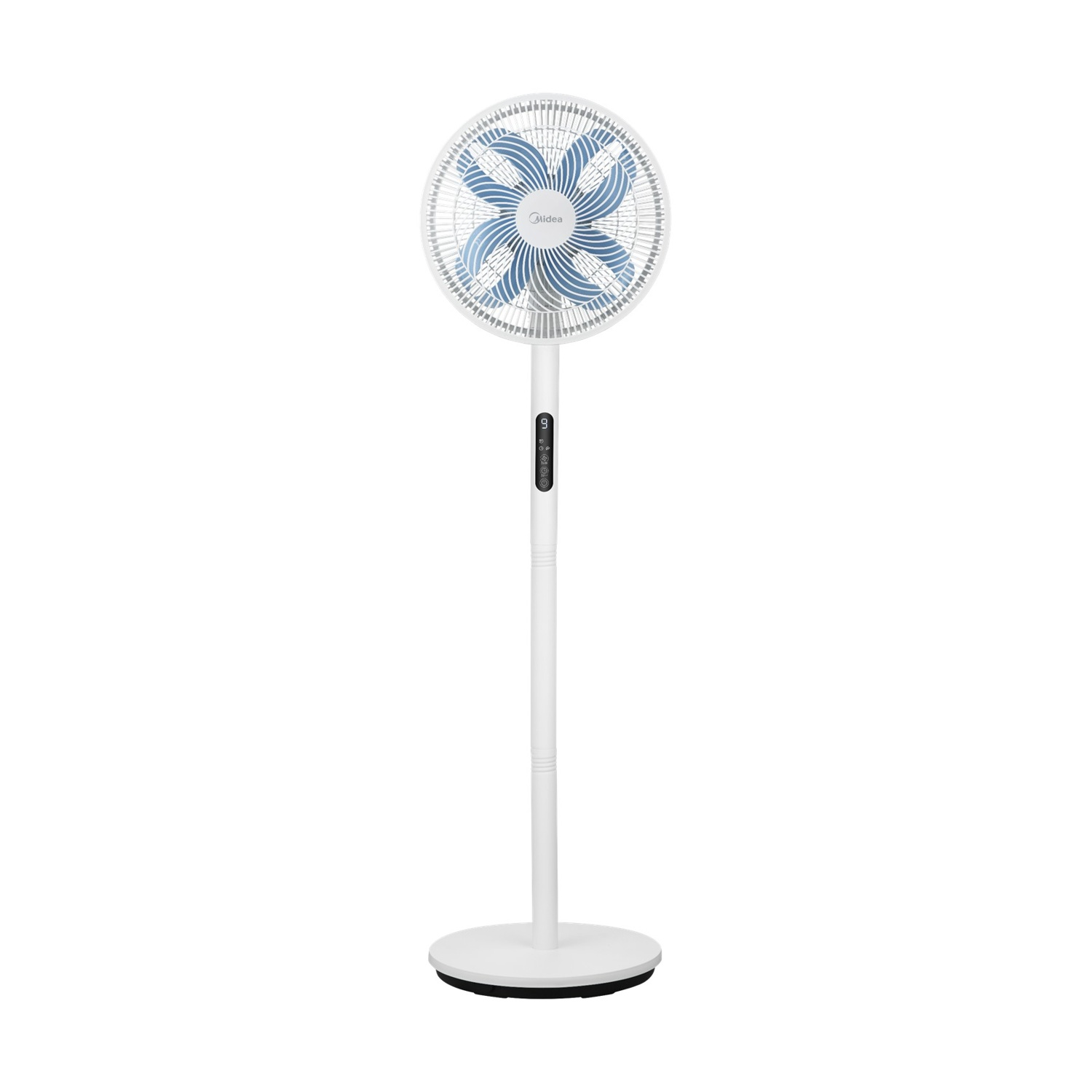 Un ventilatore da terra bianco con pale blu e display digitale sul gambo.