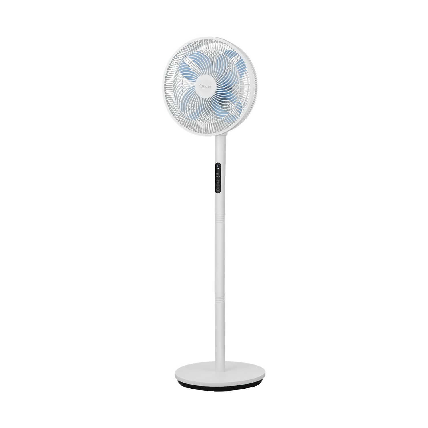 Ventilatore da terra bianco con rotore blu e display digitale sul supporto.