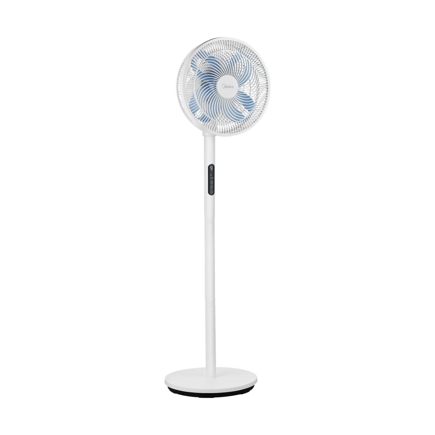 Un ventilatore da terra bianco con pale blu e display digitale.