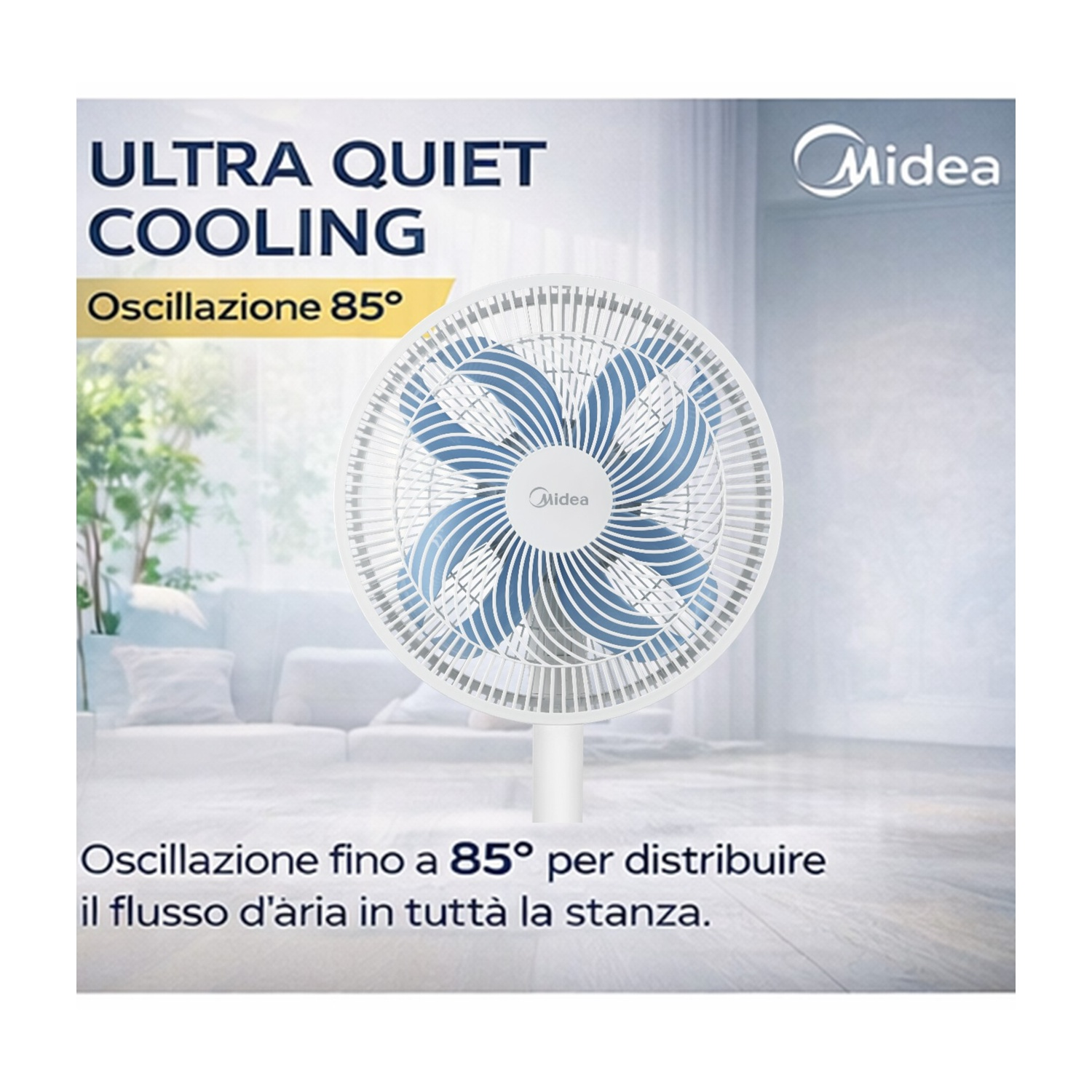 Un ventilatore bianco con pale blu in un soggiorno moderno.