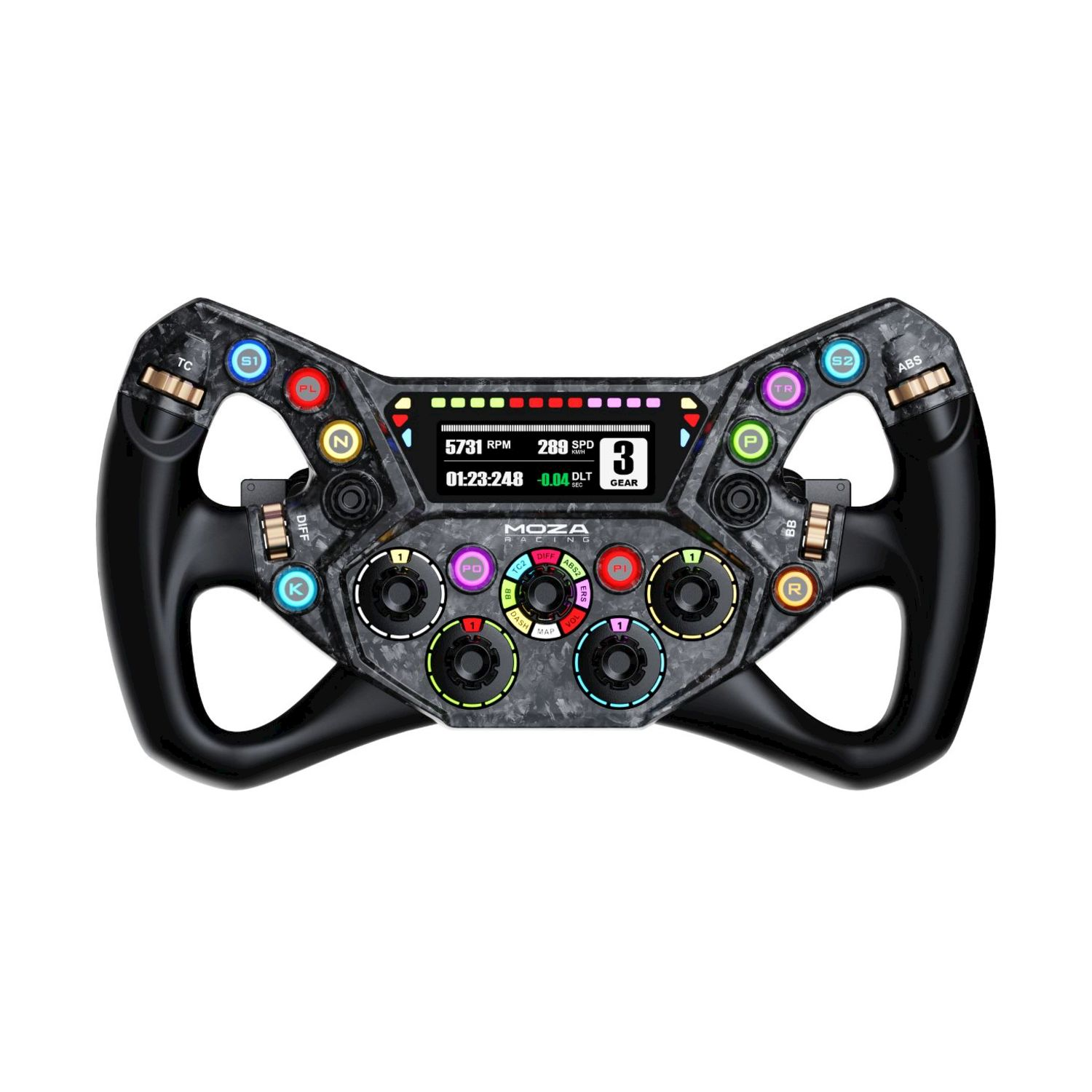 Un volante da corsa nero con molti pulsanti e un display digitale.