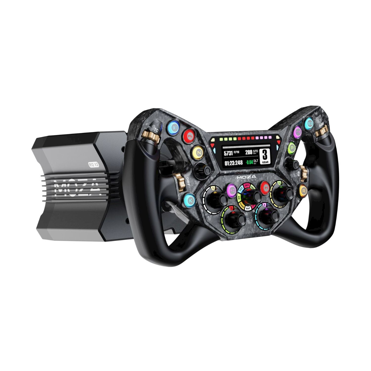 Un controller per volante da corsa nero con numerosi pulsanti, un display e un alloggiamento nero.