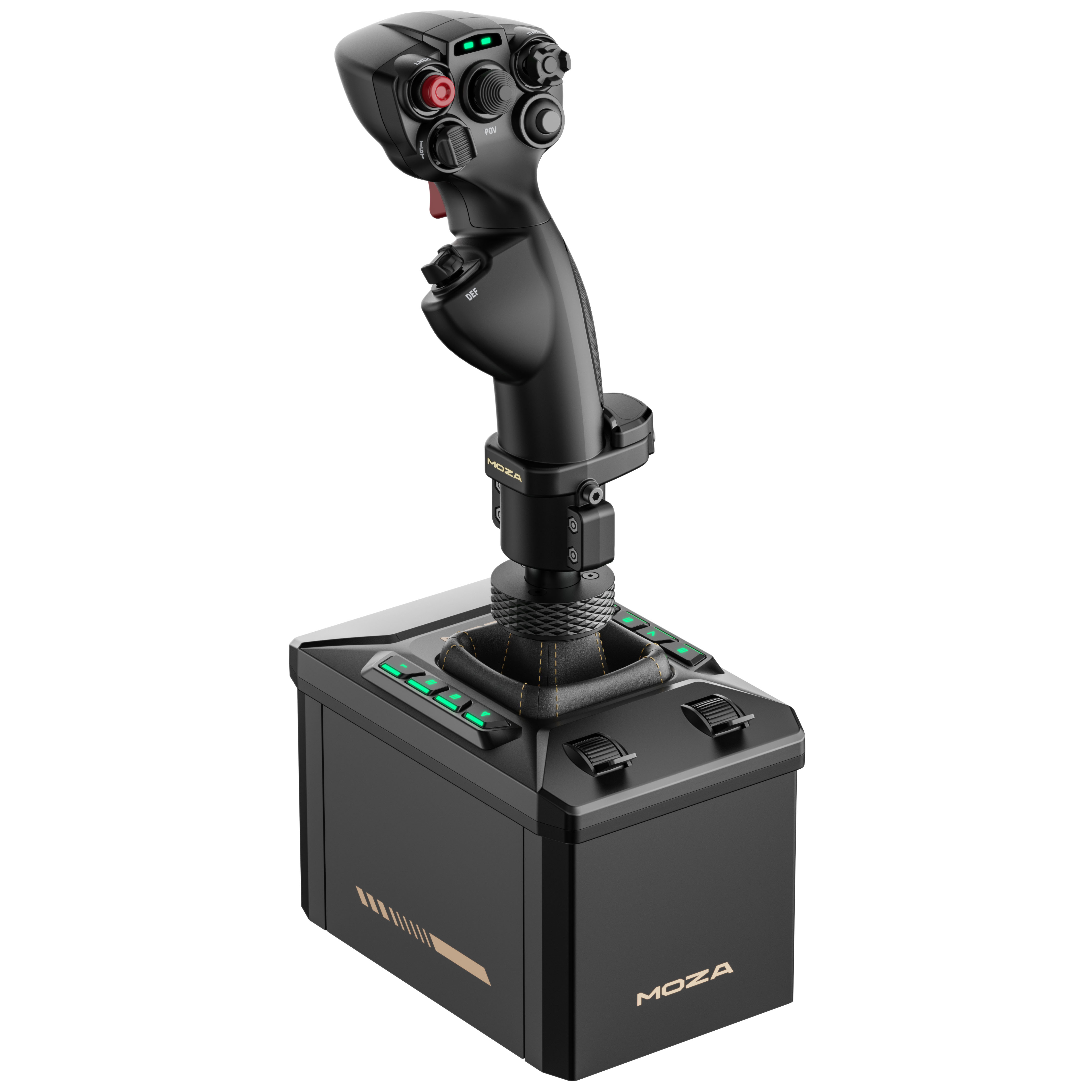 Schwarzer Gaming-Joystick mit vielen Knöpfen und grünen Lichtern.