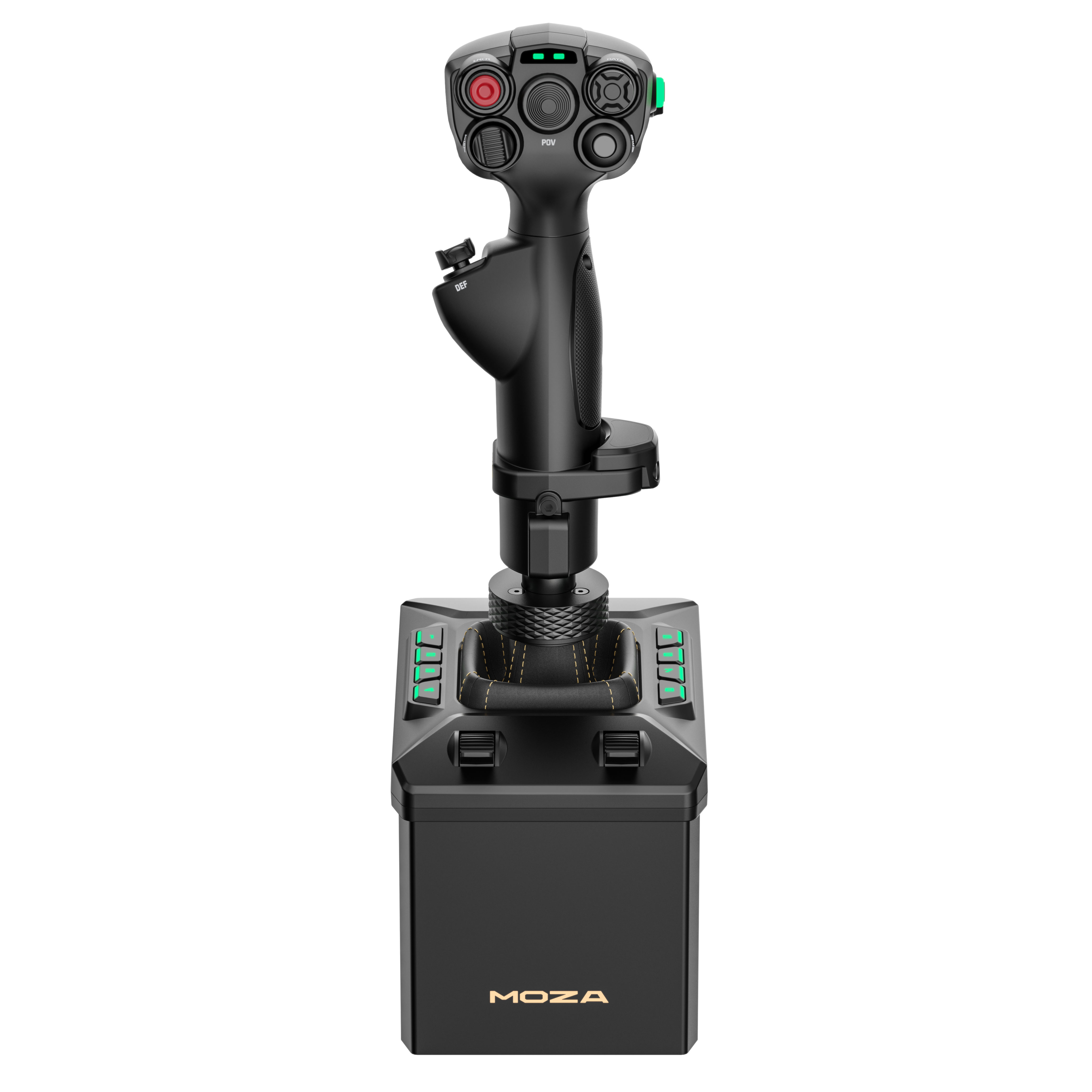Schwarzer Flugsimulator-Joystick mit vielen Tasten und einem Drehrad auf einer rechteckigen Basis.