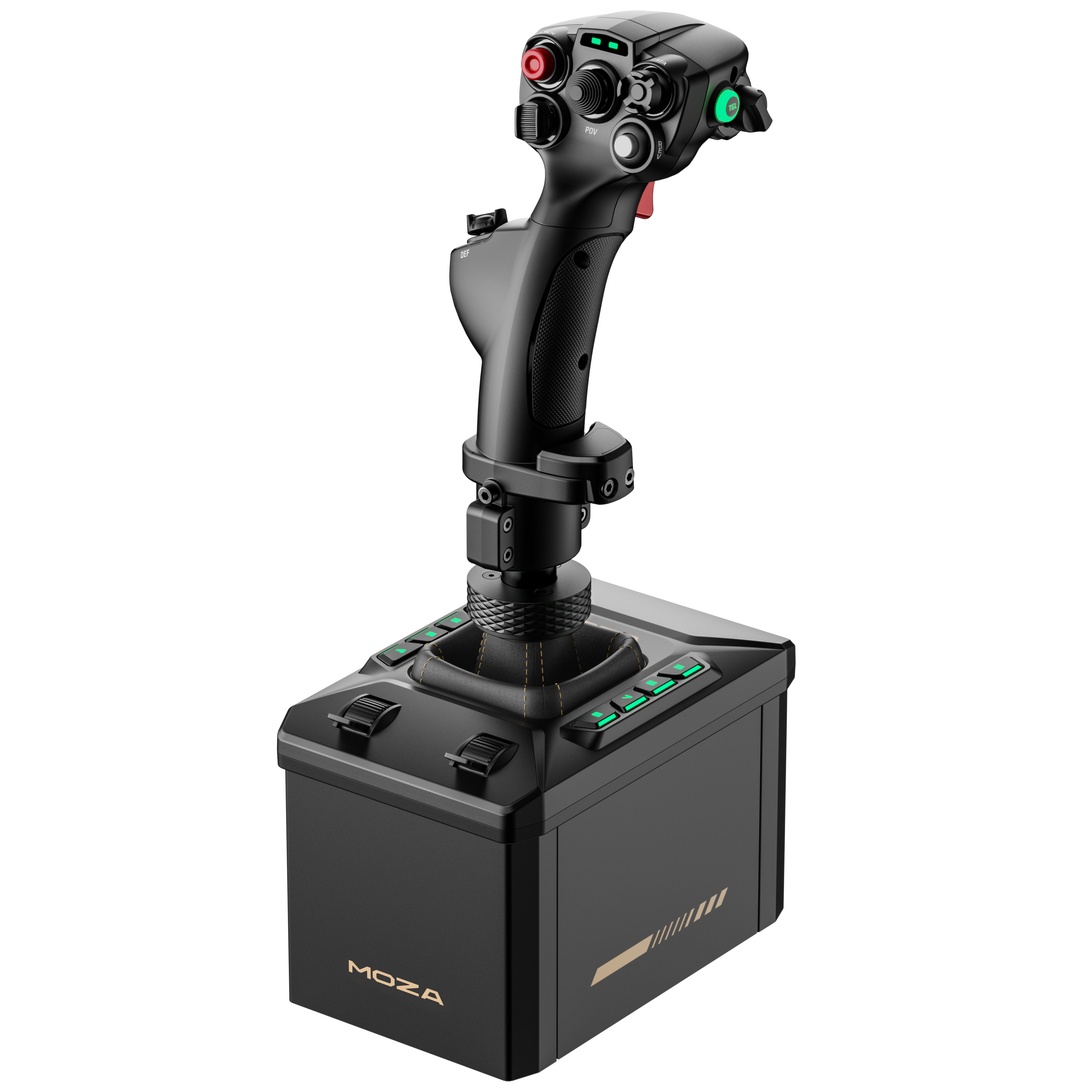 Schwarzer Joystick mit vielen Tasten und grünen Lichtern auf schwarzer Basis.