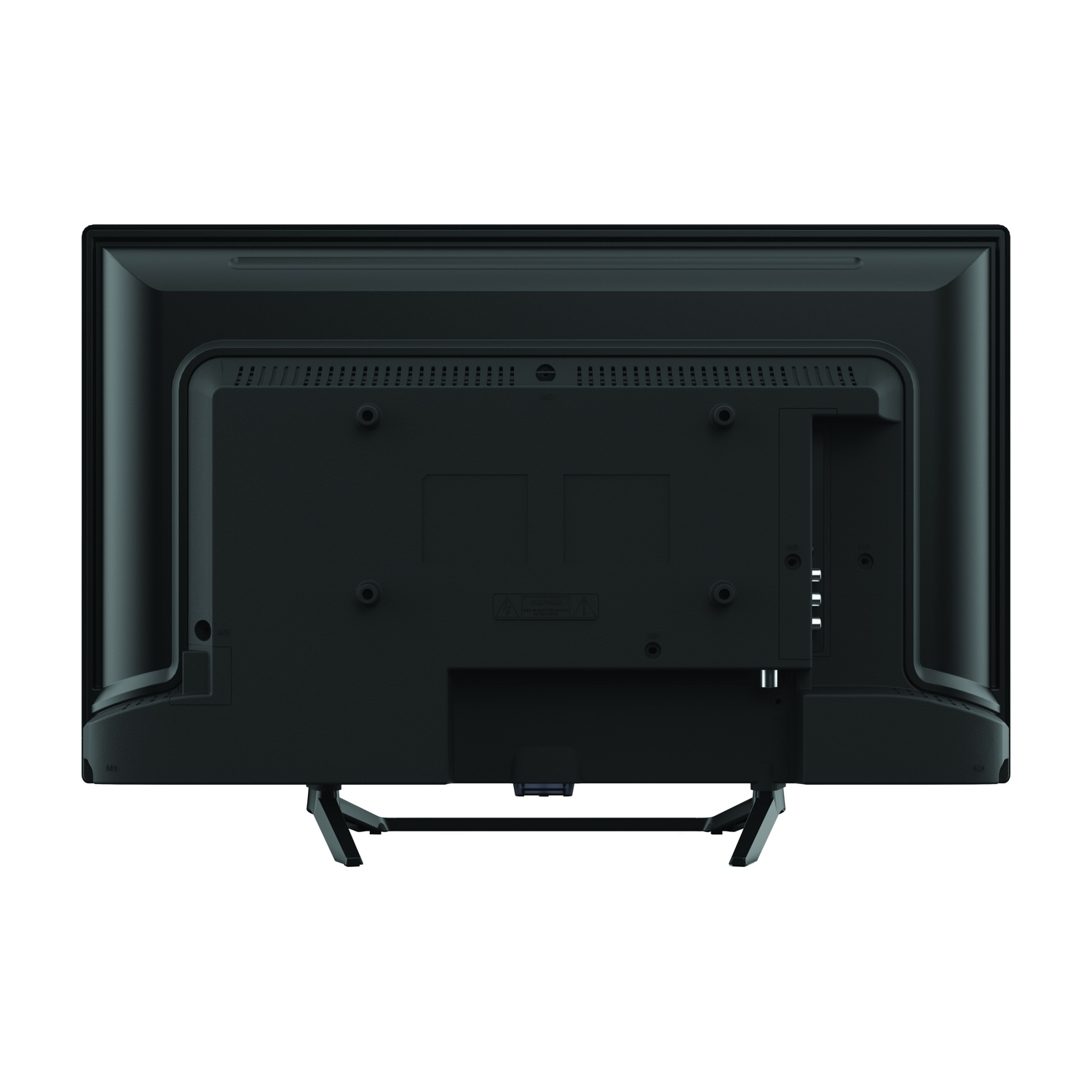 Retro di una TV nera con supporto e porte.
