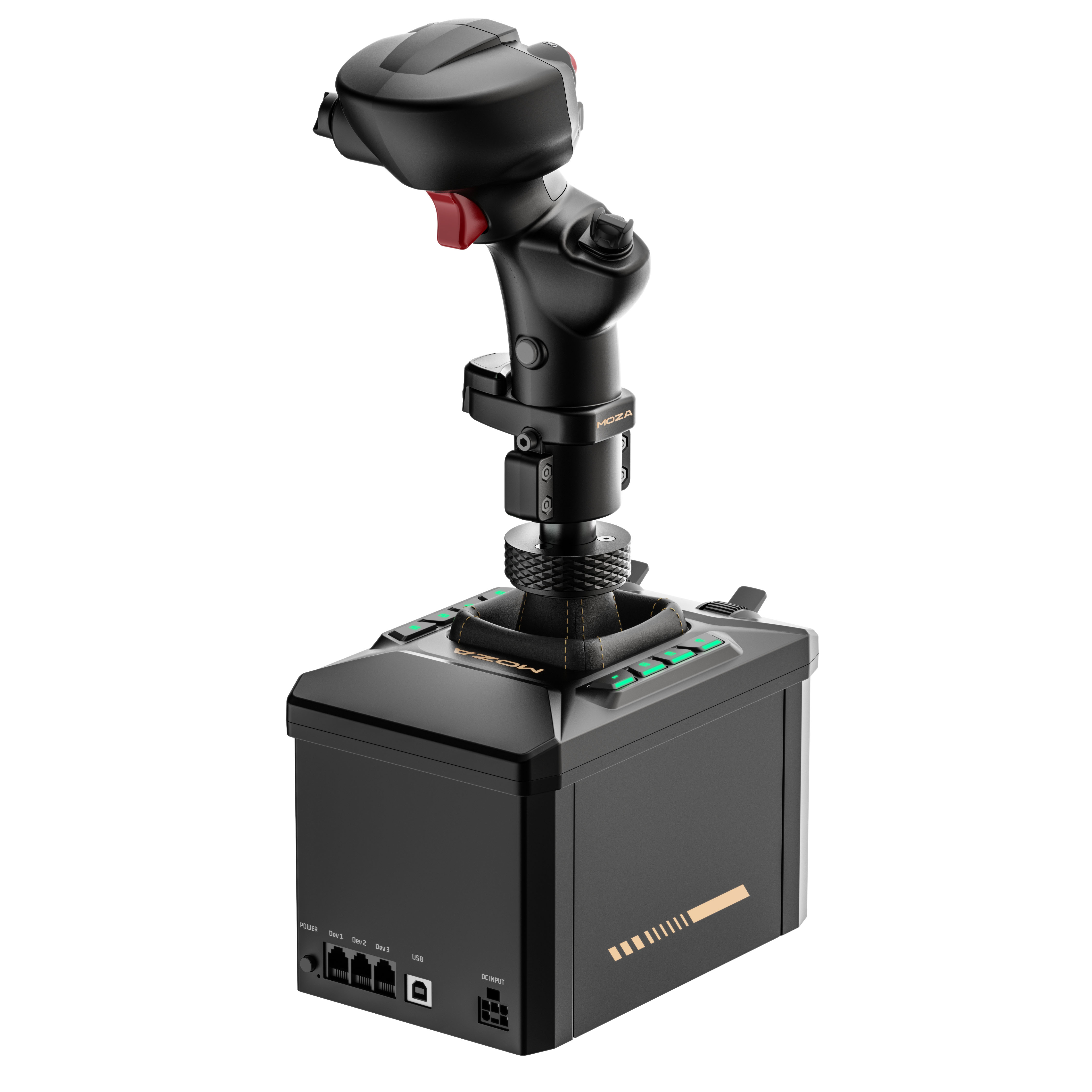 Ein schwarzer Joystick mit roten und grünen Akzenten auf einer weißen Hintergrund.