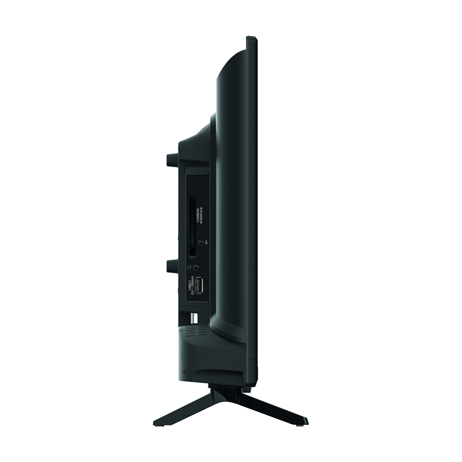 Profilo TV nero che mostra porte come USB e HDMI sul lato.