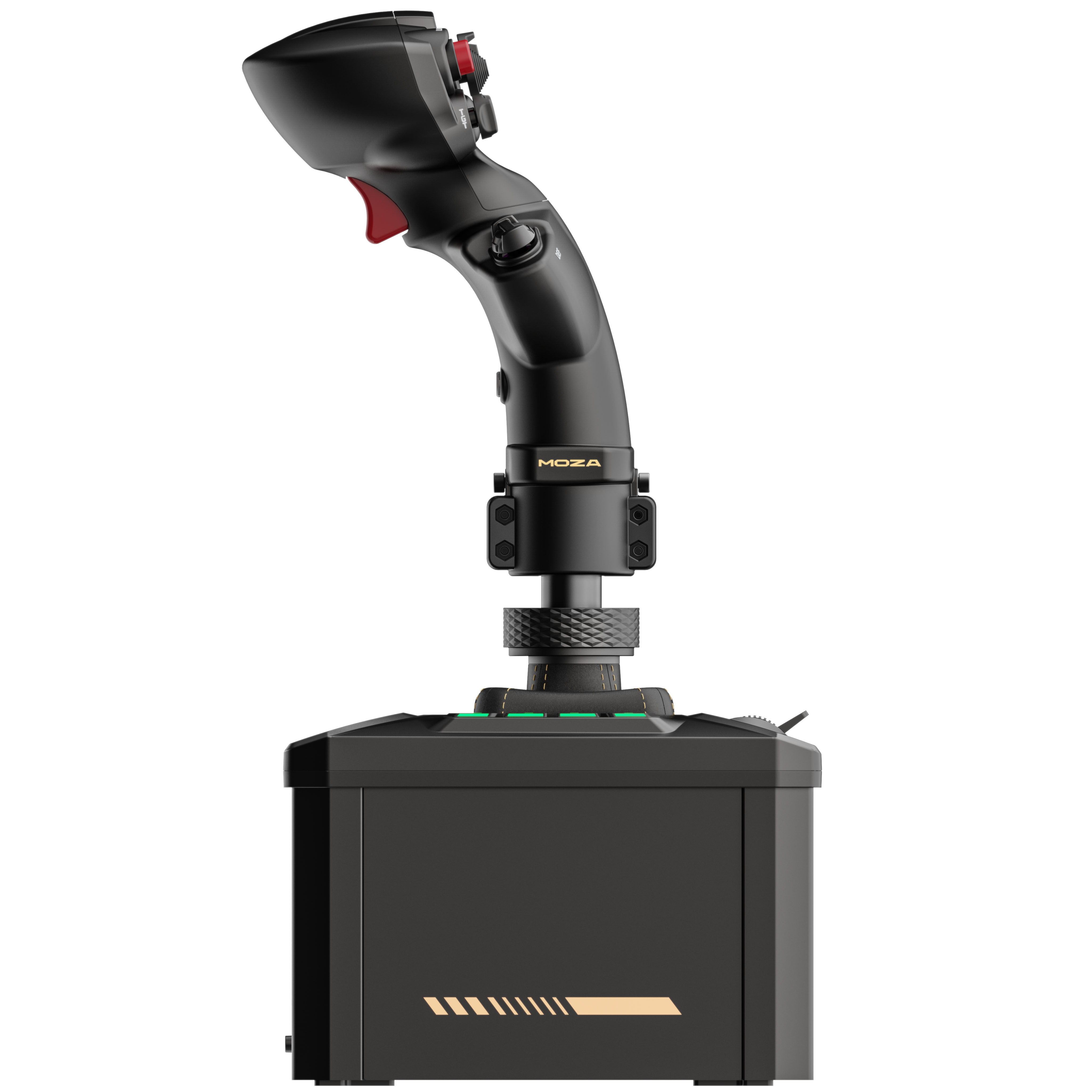 Schwarzer Joystick mit roten Akzenten und grünen Tasten auf einer Basis.