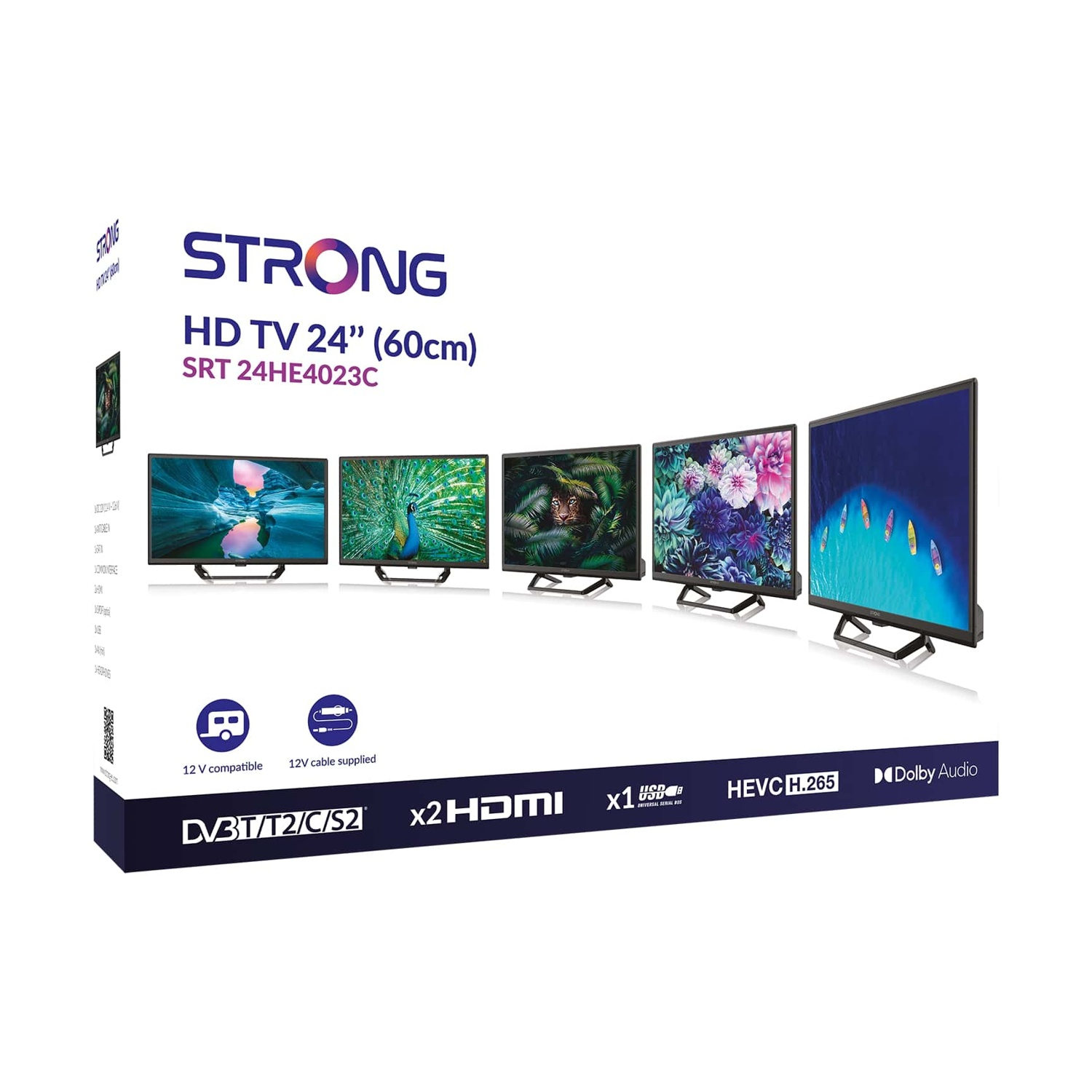 STRONG TV HD 24" (60cm) SRT 24HE4023C con varie schermate.