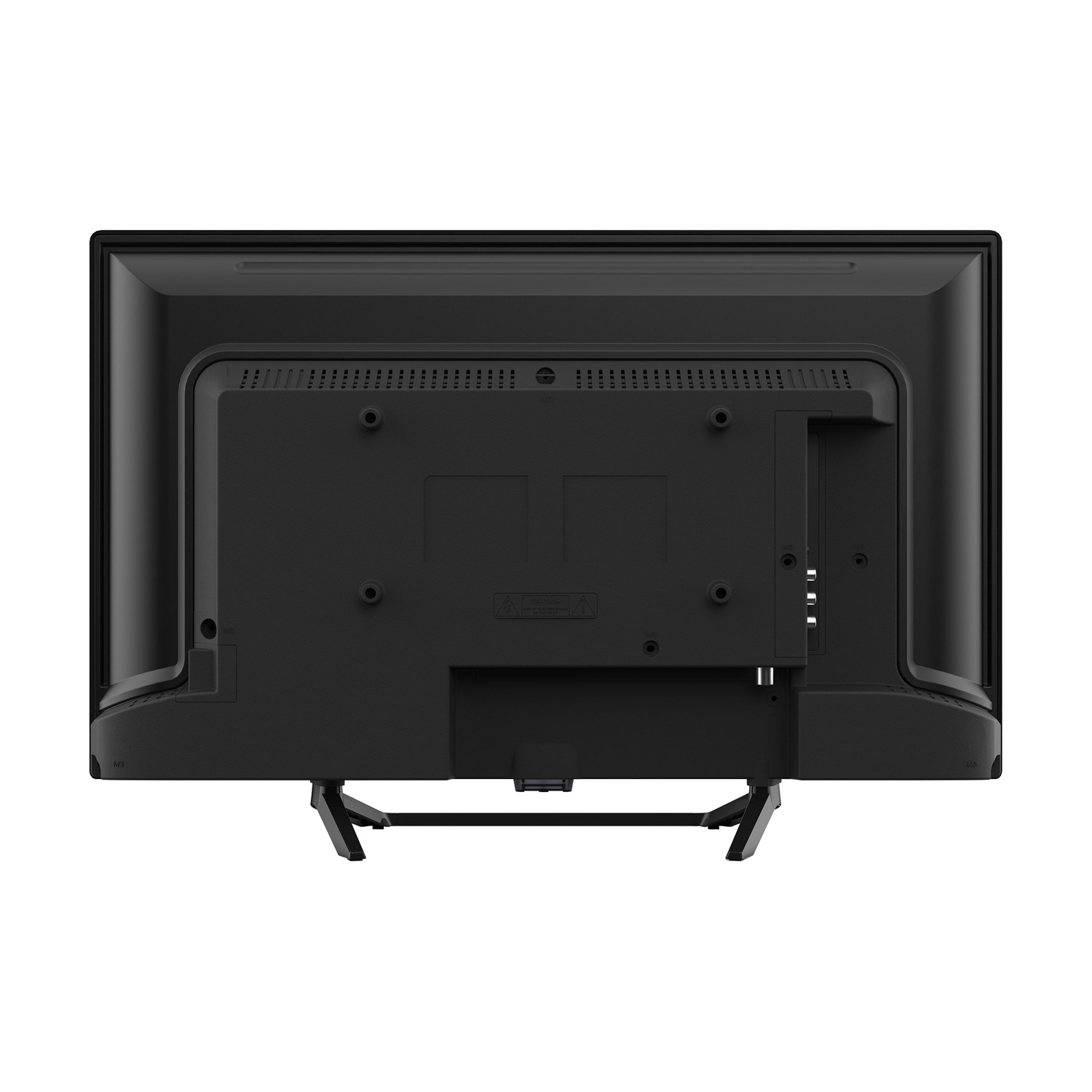Vista posteriore di un televisore nero con porte e gambe di supporto.