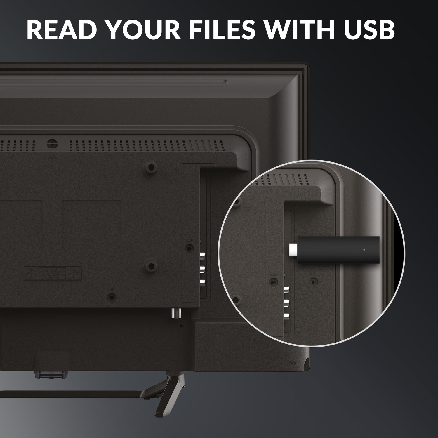 Una chiavetta USB nera è collegata alla porta HDMI di un televisore.