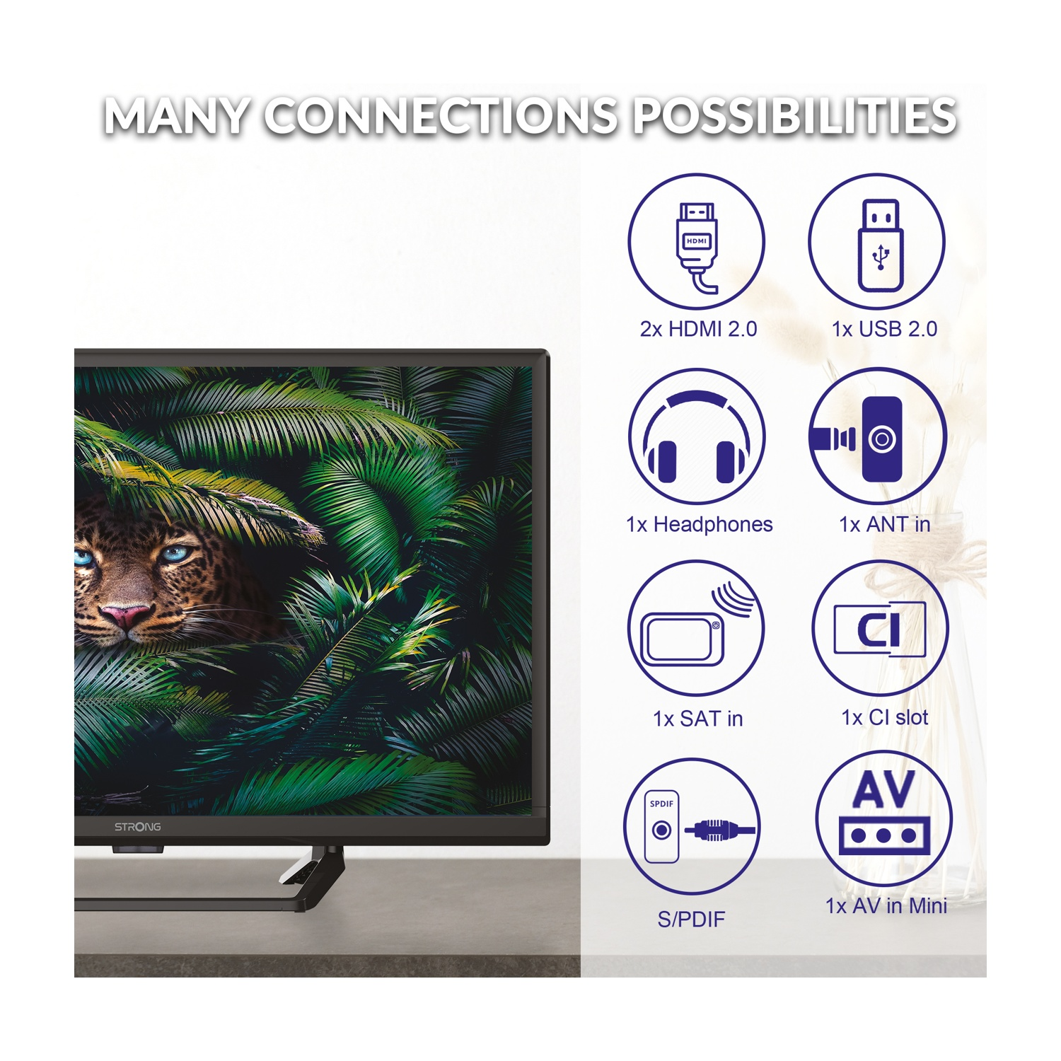 Televisore con immagine di leopardo e opzioni di connessione.