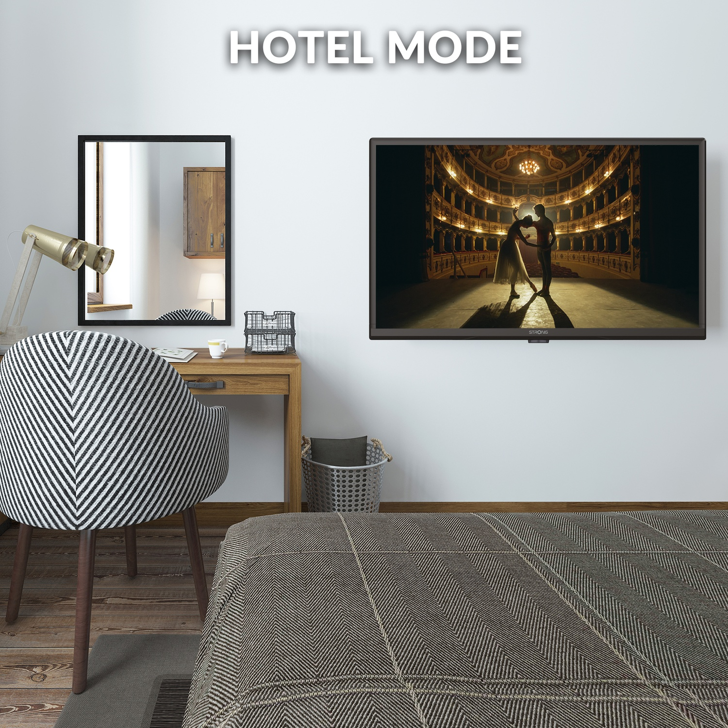 Una camera da letto con scrivania, specchio, sedia e TV che mostra un balletto.