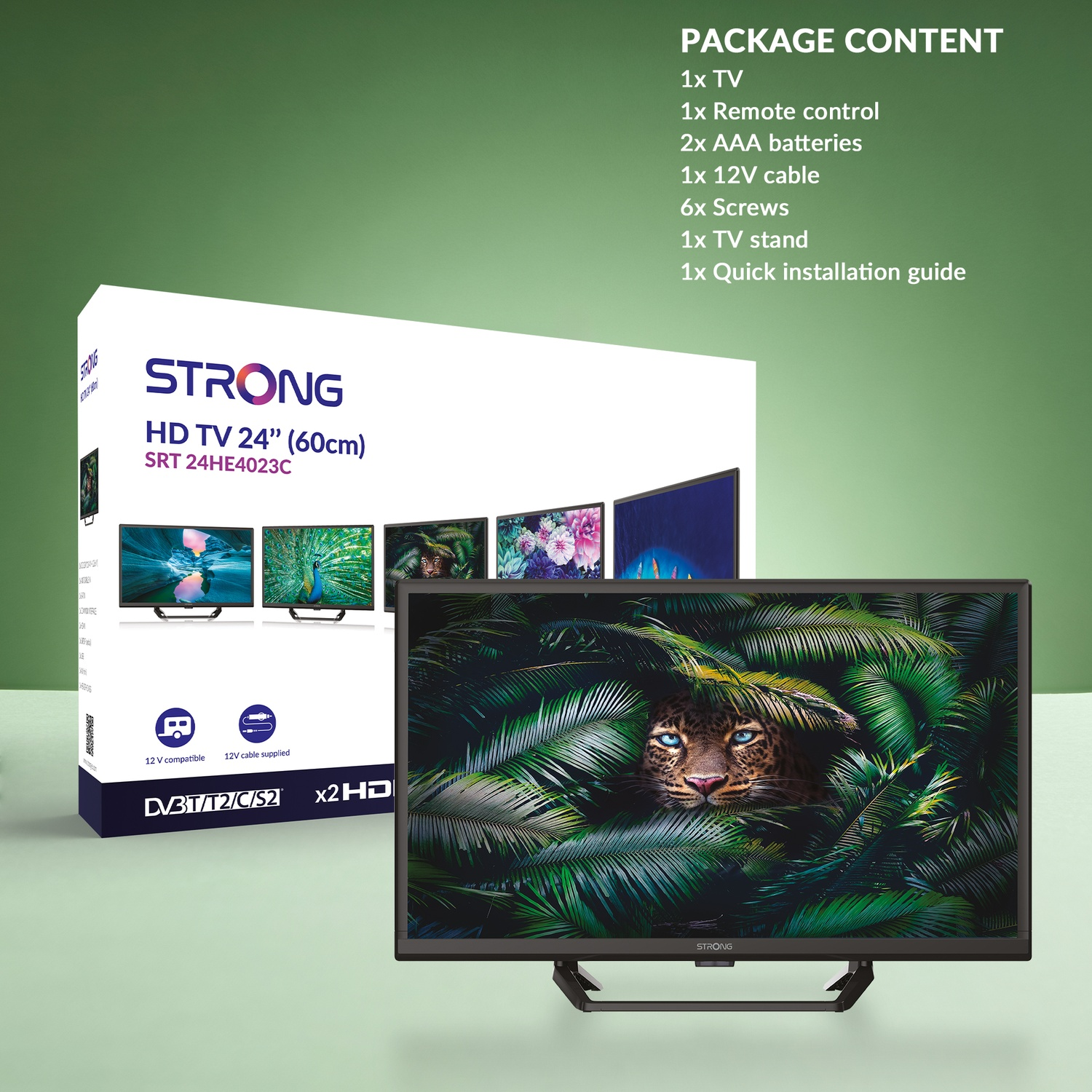 Scatola STRONG HD TV 24" (60cm) e TV con leopardo nella giungla. Contenuto confezione elencato.