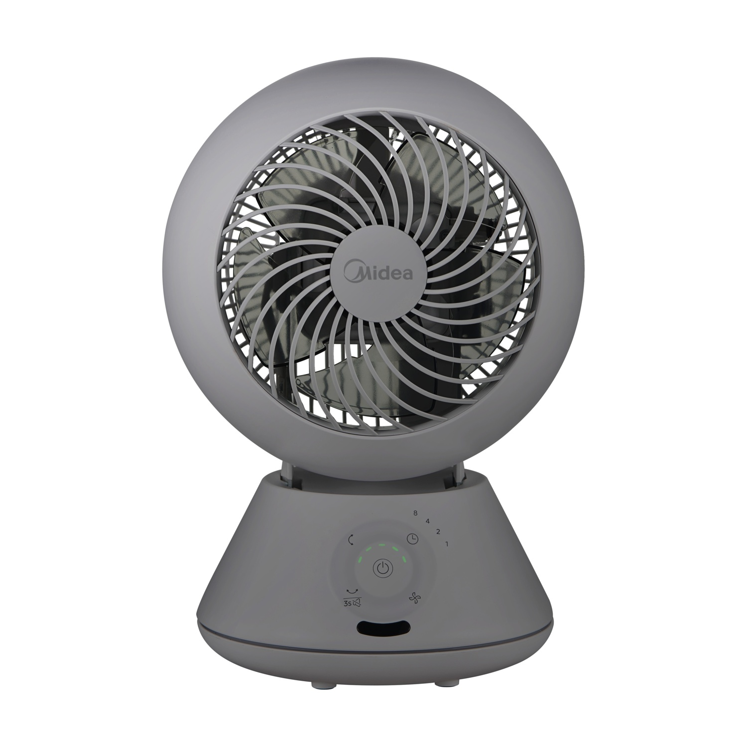 Un ventilatore da tavolo grigio con testa rotonda e pannello di controllo sulla base.
